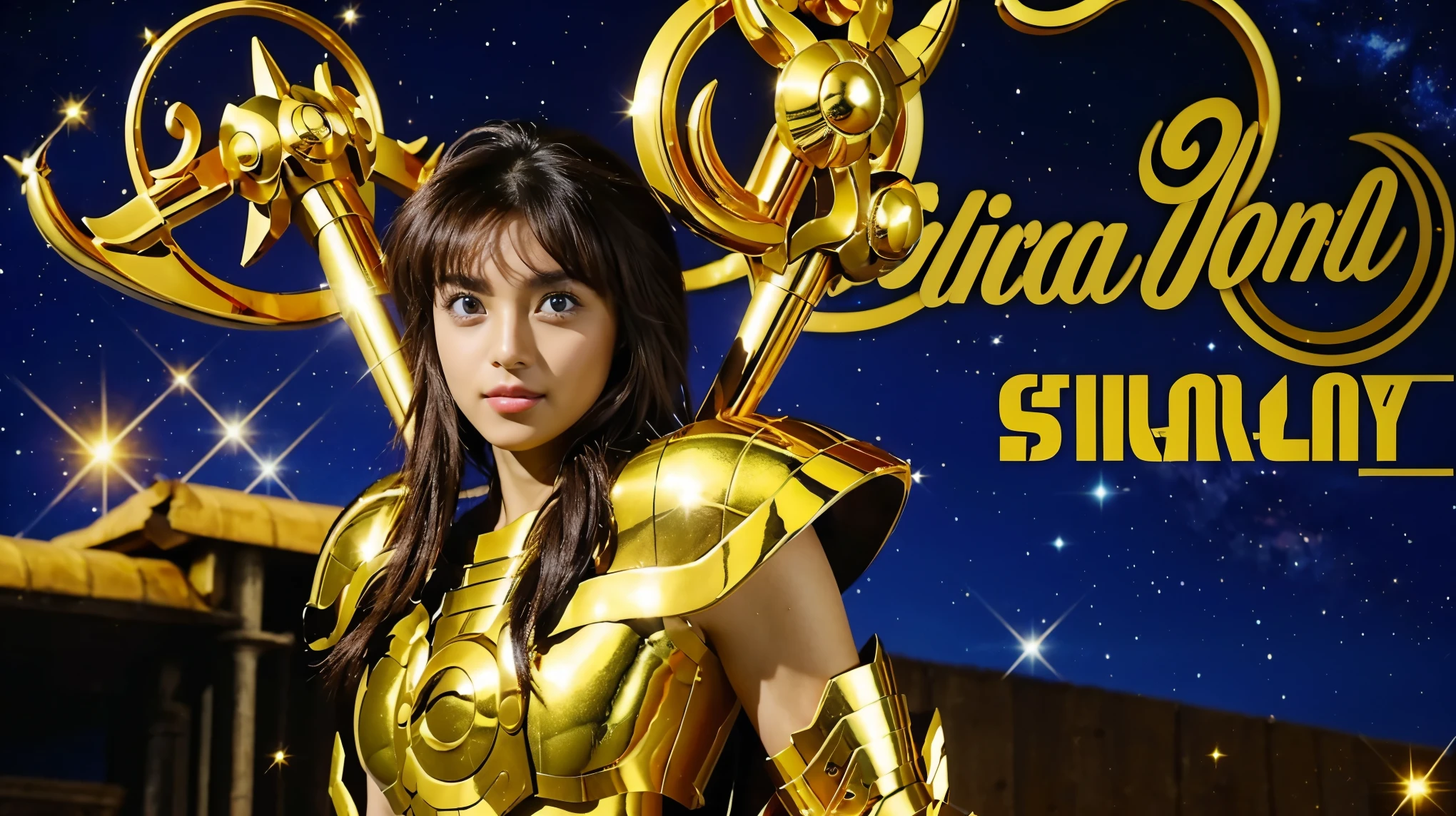 (( beautiful women)),(( brown hair with disheveled shortcuts )), ((( Sparkling golden metal armor ))), ultra-realistic photography with cutting-edge details , (Greek Zodiac Temple background ),Saint Seiya Armor, ((Cancer Armor)), (( beautiful eyes)), Every detail, ancient Greek , Super high resolution, 8k, Milky Way, Night Sky,( carry a golden rod-shaped weapon on your back),( tanned skin ),((Face the camera with both fists and punch in both hands))