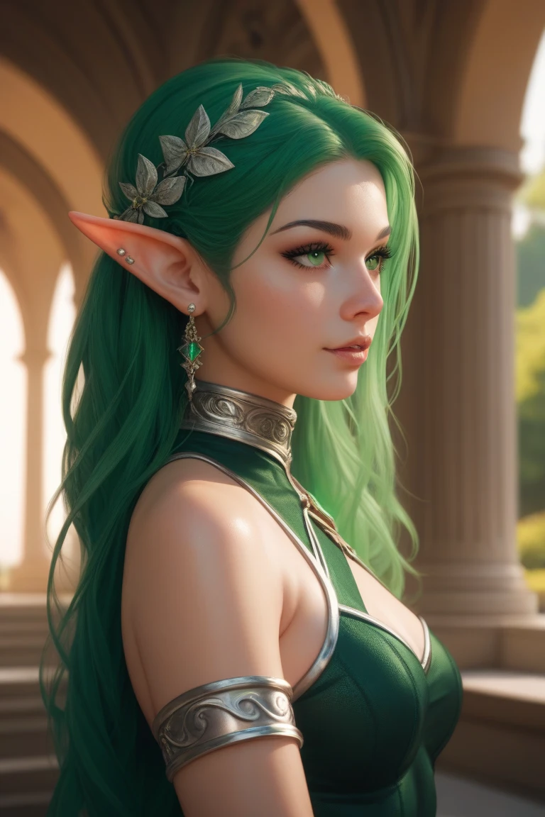 ((best quality)), ((masterpiece)), (detailed), Prize-winning works, with incredible details, maximum textures and details, uhd ,8K,super resolution ,depth of field, retina, masterpiece, anatomically correct, textured skin, super detail, high details, highres ,1 Medieval Fantasy RPG Female Elf Adventurer,hair in the wind,very long light green wavy braid hair ,((light green hair,)),shy smile,similar to the work of JRR Tolkien,black long cape ,lightweight armour,fully body, hyper-detailed piercing eyes , (25 year old young man :1.1,detailedeyes, face detailed, whole body:1.1,the background is a magnificent castle ),(best qualityer:1.2,ultra detali:1.1,realisitic:1.37) ,eyeshadows,sharp focus,swirly vibrant colors,)