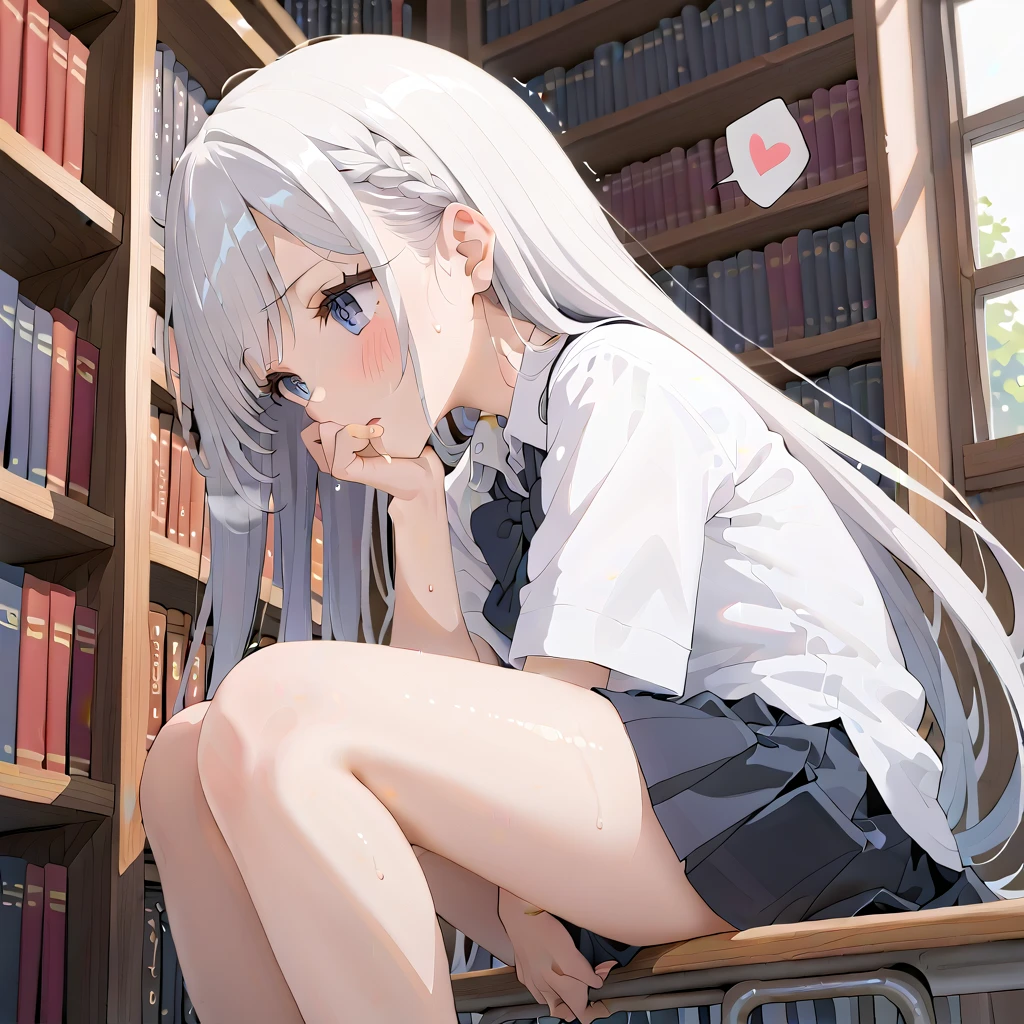 (masterpiece,beautiful,hughres,CG,8k,16k,best quality,high-resolution,detailed eyes:1.5),anime,source anime,illustration,face close up,from side,(1girl,Alone:1.5),(school,Library,Bookshelf:1.5),(Bookshelfに寄りかかる:1.2),Glass window,(Open book),(head down:1.1),(Open bookを見る:1.2),profile,(white hair:1.5),blue eyes,(very long hair,straight hair,bangs:1.4),( thighs:1.4),(school uniform,white shirt,pleated skirt,black skirt:1.3),small breasts,(sitting),(hand over own mouth, covering own mouth:0.8),(female masturbationm,MASTURBATING UNDER PANTIES:1.3),(female orgasm:1.3),pussy juice,(trembling:1.4),(gasping,heavy breathing,blush:1.5),(impatience1.1),flustered,(fidgeting around:1.4),(steam:1.2),(sweat skin,sweat:1.4),(streaming tears:1.3),(drooling:1.1),(looking away:0.5),(looking down:1.4),(spoken heart:1.3),(narrow one's eyes:1.6)