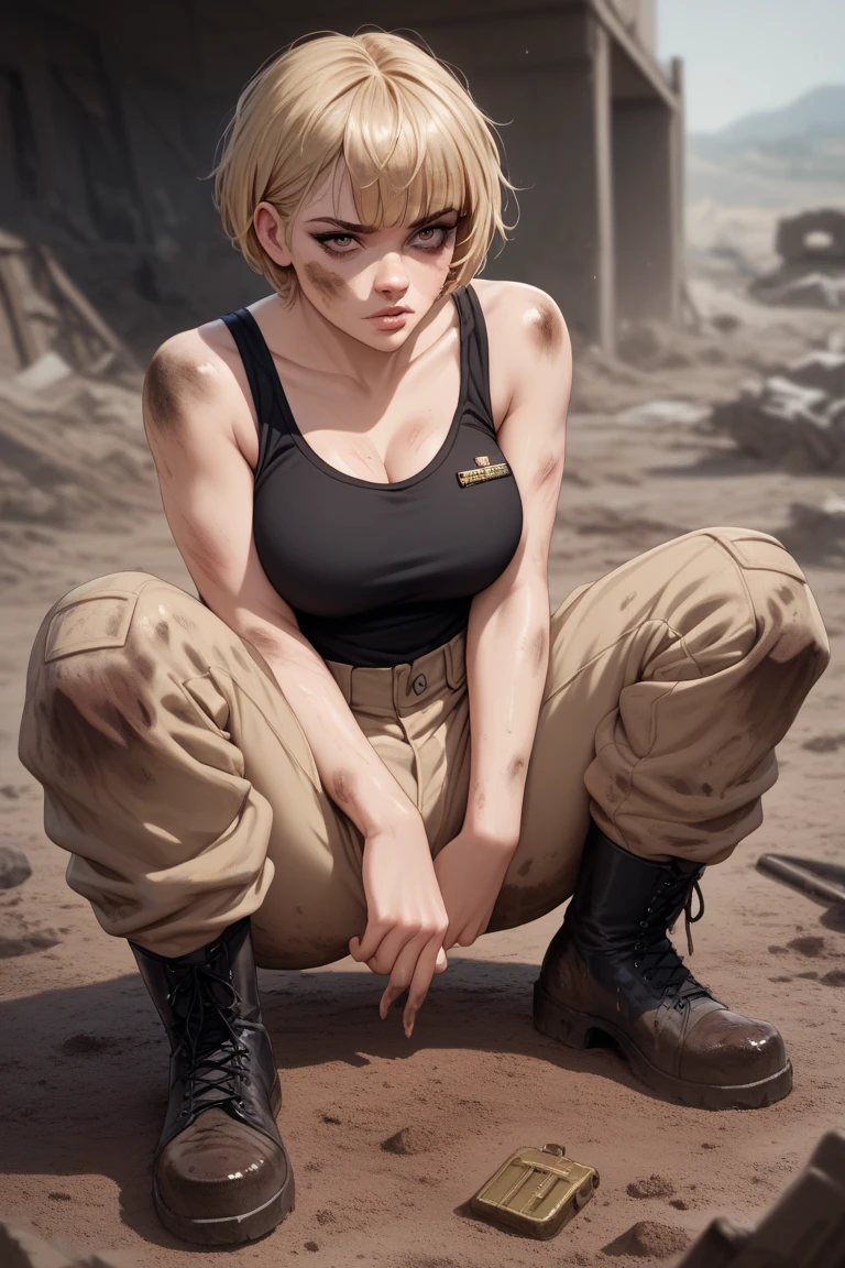 1 girl, voluptuous, confident eyes, bruises on body, nose bleed, short blonde hair with bangs, military beige jumpsuit, military tag, black tank top, black leather boots, muddy ground, devastated landscape 