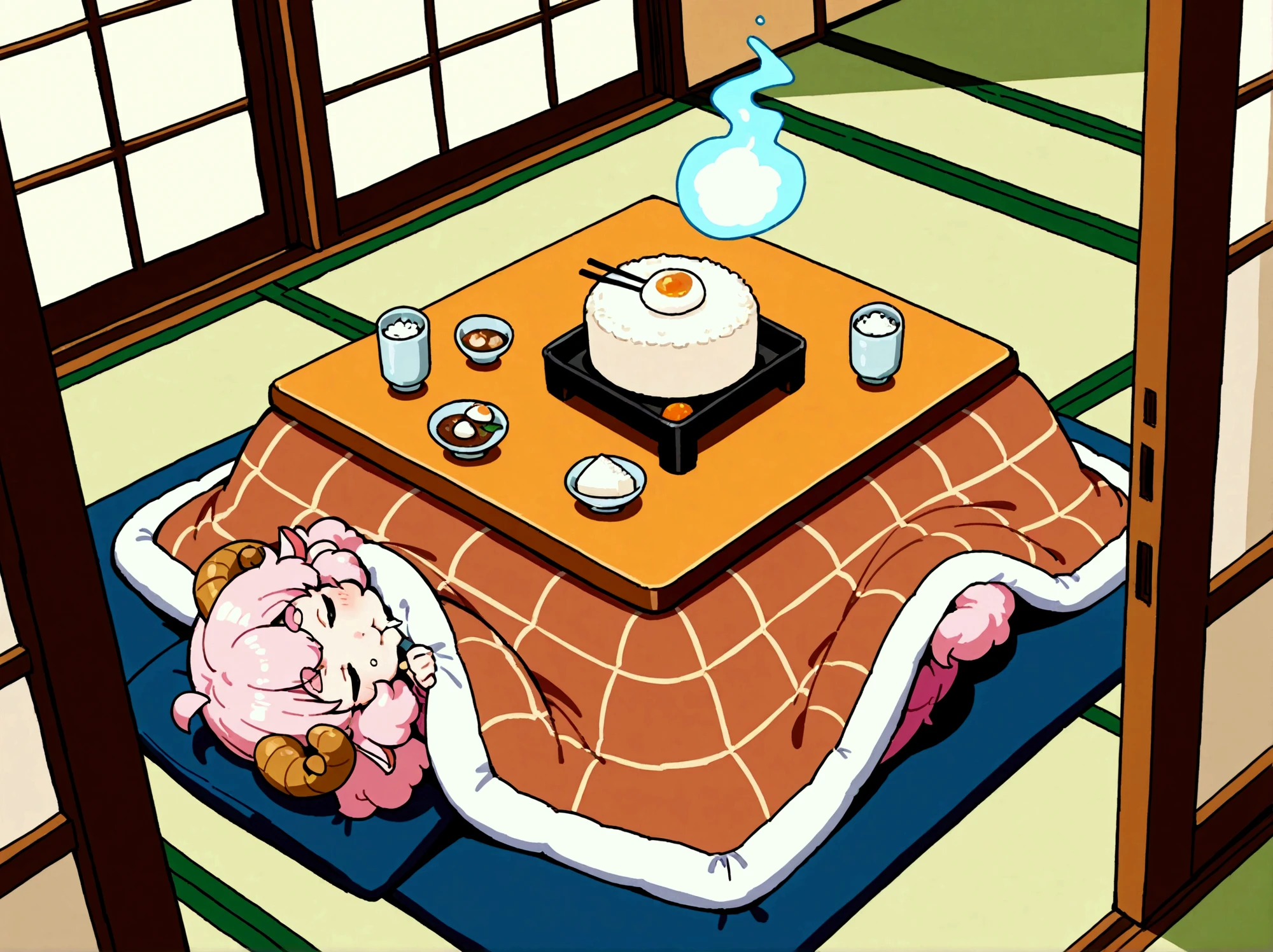 1girl,  pink fluffy hair, round sheep horn , Thick eyebrows, Kotatsu, Eating mochi with chopsticks, white rice cake, Grab the mochi with a chopstick, The rice cake is very stretchy:1.5, Rice cake, Long rice cake:1.5, Cat curled up and sleeping,  tatami room , indoor, Garden view