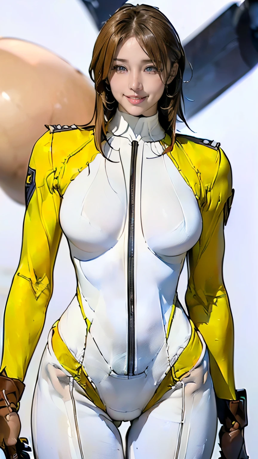 (white long hair),(masterpiece),(highest quality),(Very detailed),(High resolution),(Photorealistic Stick),(Realistic),(8k),(((SFW:1.5))),wallpaper,Perfect lighting,break(One Woman),((Moriyuki:1.5)),(MoriBodysuit, white bodysuit, belt:1.5),(MoriUniform, Black gloves, military uniform, brown jacket, ascot, belt:1.5),(22 years old),(((Extremely form fitting bodysuit:1.5))),(((Very detailed bodysuit drawing:1.5))),(Beautiful Eyes:1.5),(Detailed face drawing:1.5),((Very detailed female hand:1.5)),(Shiny skin:1.0),(((Very muscular:1.5))),((Voluminous:1.5)),(Fleshy),(((Thick thighs:1.5))),(Sensual body),(((Blur the background:1.5))),(((Seductive pose:1.5))),(((Warm-Smile:1.5)))
