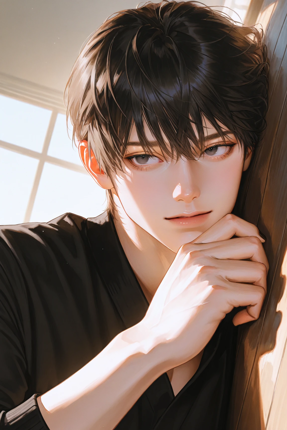 Boy, Adults, slanted eyes, ignorant, long sleave t shirt,Fist touches chin,Hands are clearly visible