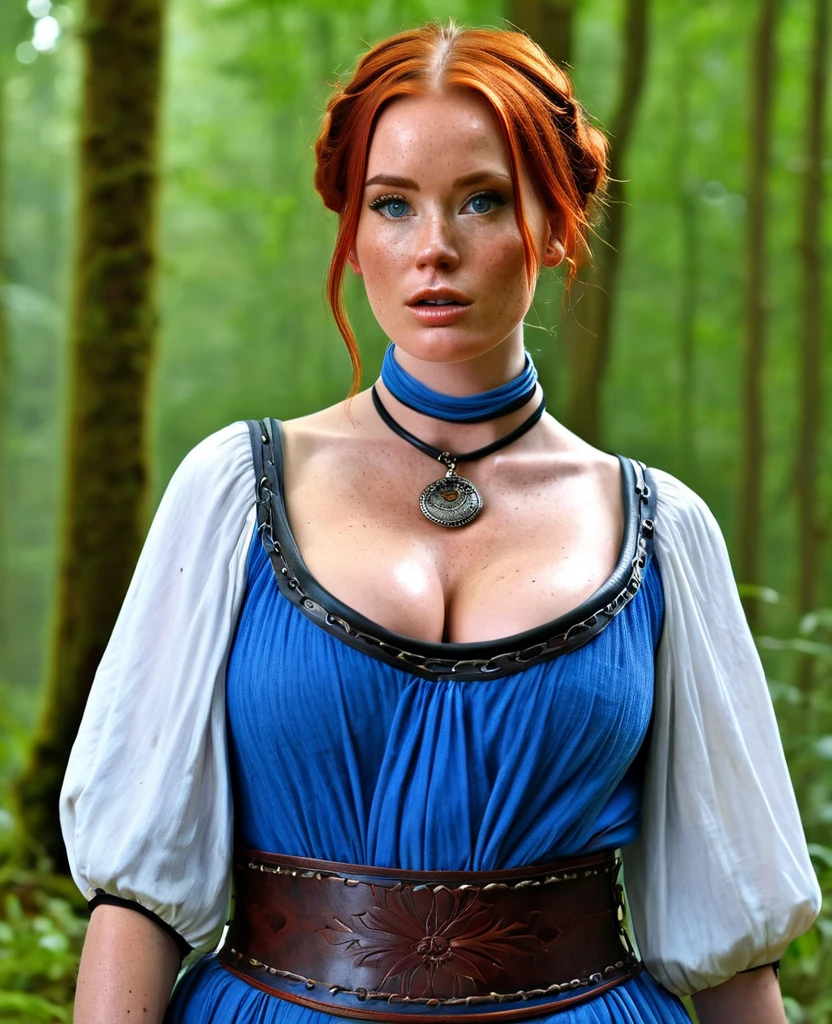 (masterpiece), (best quality), 50 years old queen lady, full shot, full body, realistic, cinematic light, (ohwx woman), Alexandra Breckenridge, Alexandra Breckenridge as Triss Merigold, big blue eyes, long, fluffy, golden chestnut hair, slim (22 inches at the waist), dress fastened at the neck to hide the scar (a reminder of the Battle of Sodden), very nice breasts, charm , she is very alluring, raw photo, imersive background, witcher world,