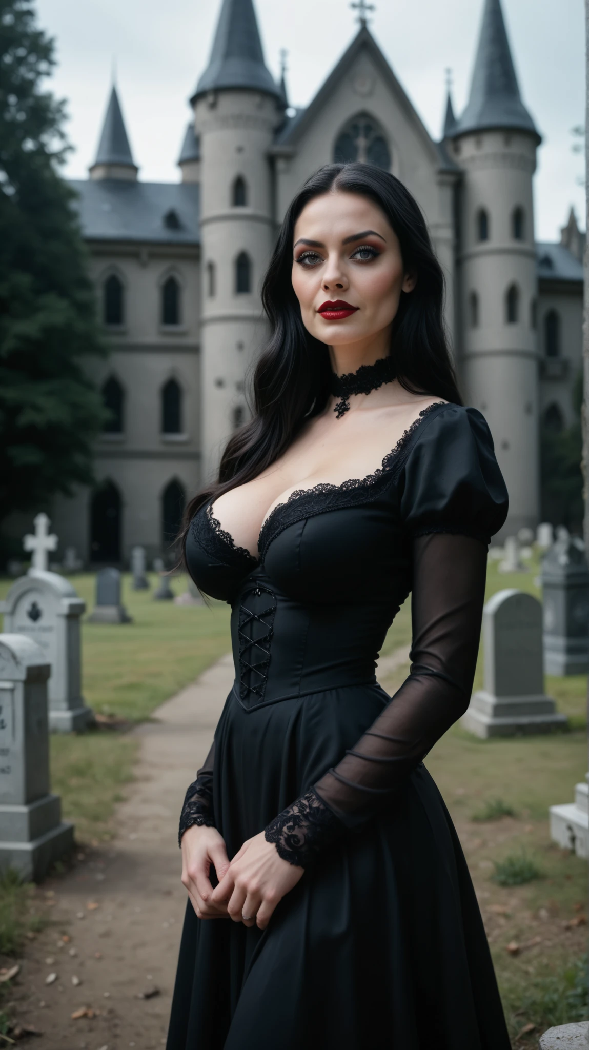 Beautiful 20 year old woman fucked in the ass by her man , with short messy wavy black hair, wearing a red corset with black accents and large black cloak, (( fine detailed five fingers long black gloves)) (( in a foggy cemetery at night )) (red lipstick:1.5), realistic skin texture, (cross necklace:1.2), ((incredibly clear blue eyes)), (Zentangle and Gothic Art:1.4), photo realistic, 8k (( full figure pictures))