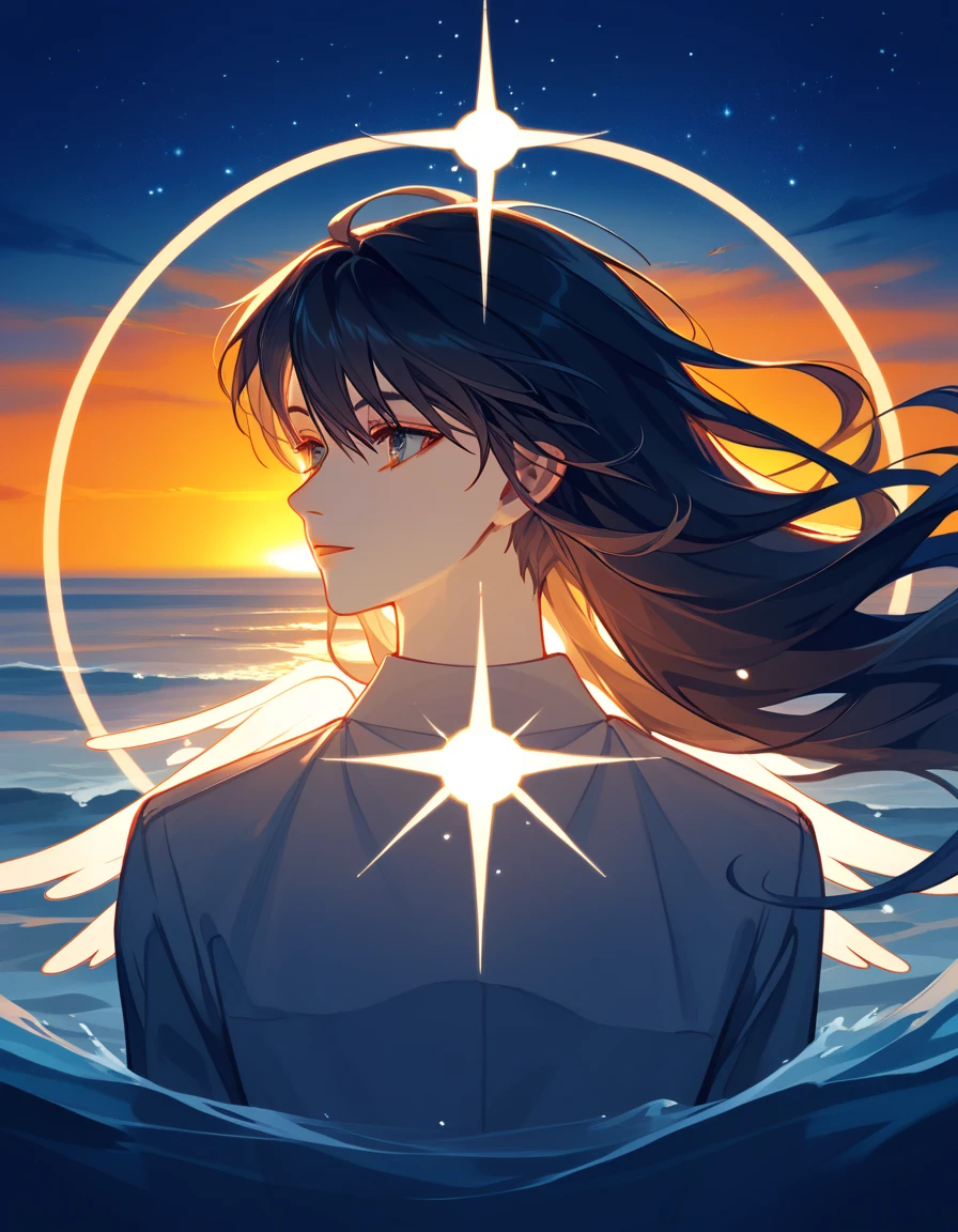 "Kim Dokja standing near a vast ocean, striking an elegant and surreal pose, with arms gracefully extended outward. His expression is calm and introspective, his dark hair flowing naturally in the wind. He is wearing a light, flowy shirt that adds to the ethereal feel of the scene. The background features gentle waves and a warm, golden sunset, casting a soft, glowing light over the scene. The warm color palette emphasizes hues of orange, gold, and soft pink, creating a serene yet dramatic atmosphere.""Kim Dokja in an ethereal and dreamlike pose, gazing upward with an introspective expression. His dark, flowing hair swirls weightlessly around him, blending into the surrounding environment. A pair of faint, angelic wings emerges subtly from his back, blending into the monochromatic tones. The light source illuminates his delicate facial features, creating soft shadows. The overall palette is muted grayscale with subtle highlights of soft whites and pale silvers, emphasizing the serene, otherworldly atmosphere. The composition focuses on his upward gaze, capturing a mix of vulnerability and quiet strength
 