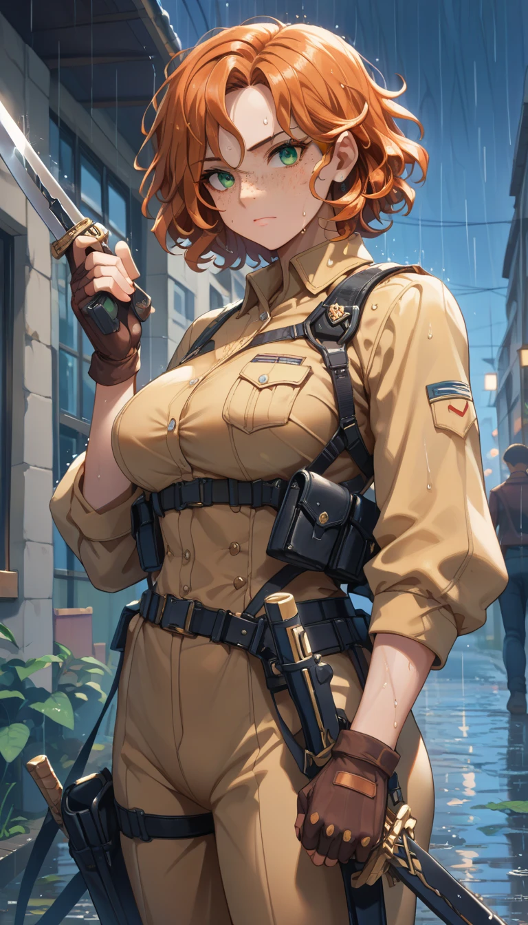 Best Quality, hight resolution, AOI1, 1girl in, Solo, Red hair, folded ponytail, Blue eyes, Skirt, neck tie, White Gloves, Police Uniform, Belt bag, Black pantyhose, Jacket, arm band, Large breasts, Cowboy Shot, Standing, Frustrated expression, Rape with seeds, Outdoors,be molested(Raped by a rapist on a train and pregnant）Anatomically consistent internal depiction of the human body）