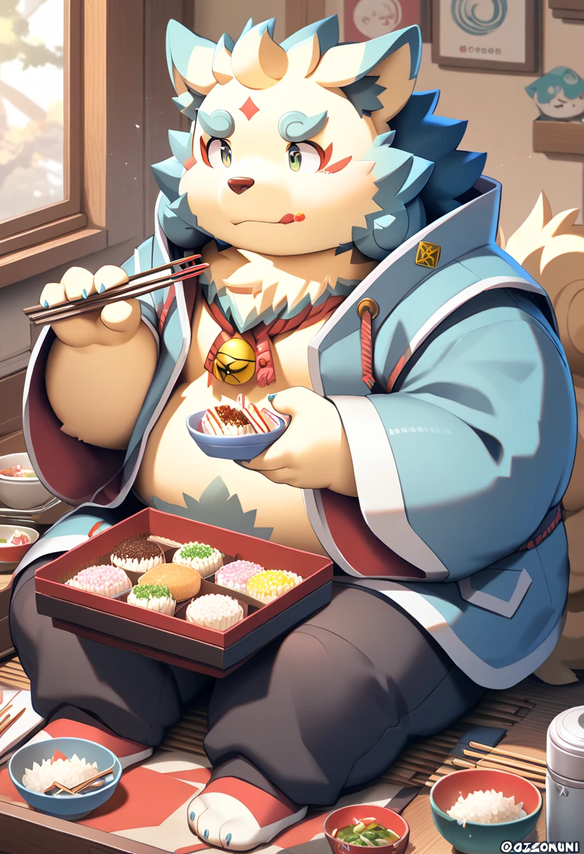 ((masterpiece)),((  High Quality )),furry , kemono , Being overweight、  kemono art  ,  kemono art  ,  boy,  anime style  , 、 colorful 、, It&#39;s cute,  kemono art  , Sit down、(Eating mochi with chopsticks、Ozoni、)(Ozoni、Eat rice cakes)