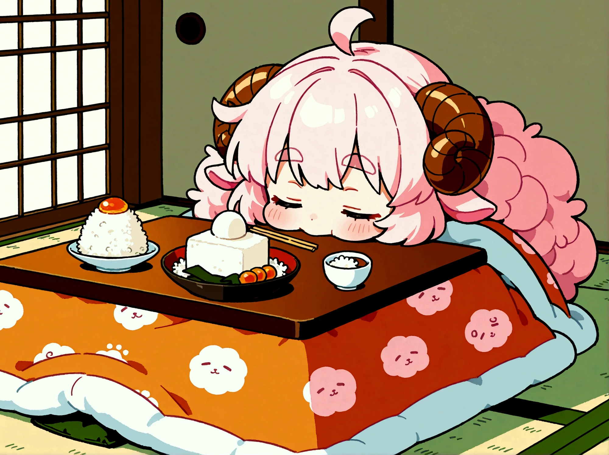 1girl,  pink fluffy hair, round sheep horn , Thick eyebrows, Kotatsu, Eating mochi with chopsticks, white rice cake, Grab the mochi with a chopstick, The rice cake is very stretchy:1.5, Rice cake, Long rice cake:1.5, Cat curled up and sleeping,  tatami room , indoor, Garden view