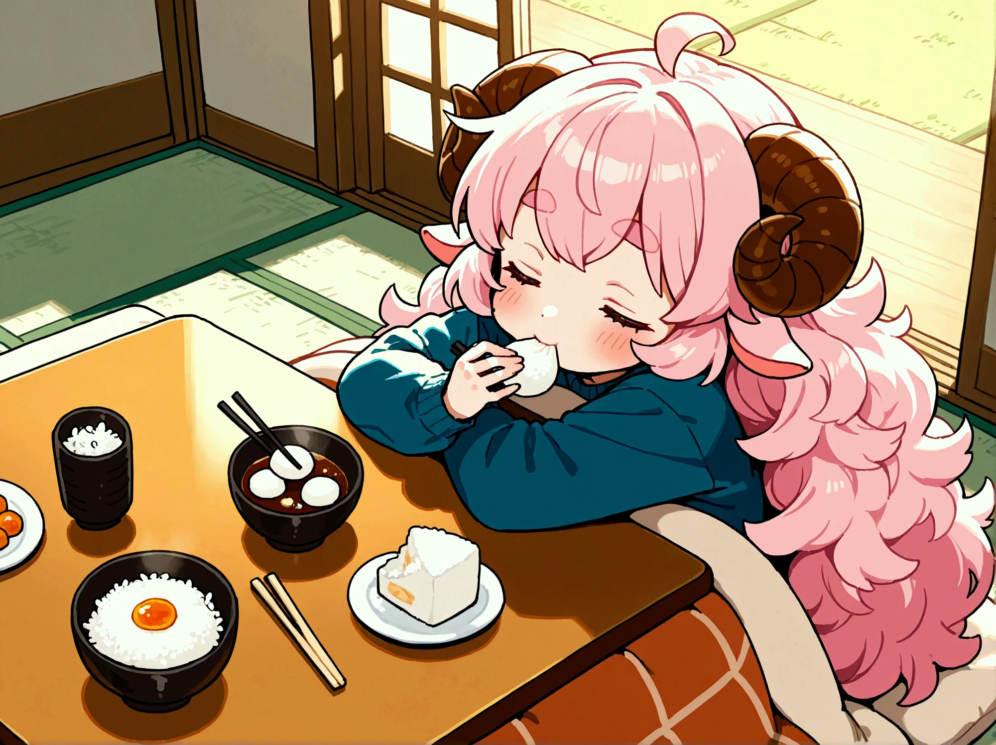 1girl,  pink fluffy hair, round sheep horn , Thick eyebrows, Kotatsu, Eating mochi with chopsticks, white rice cake, Grab the mochi with a chopstick, The rice cake is very stretchy:1.5, Rice cake, Long rice cake:1.5, Cat curled up and sleeping,  tatami room , indoor, Garden view