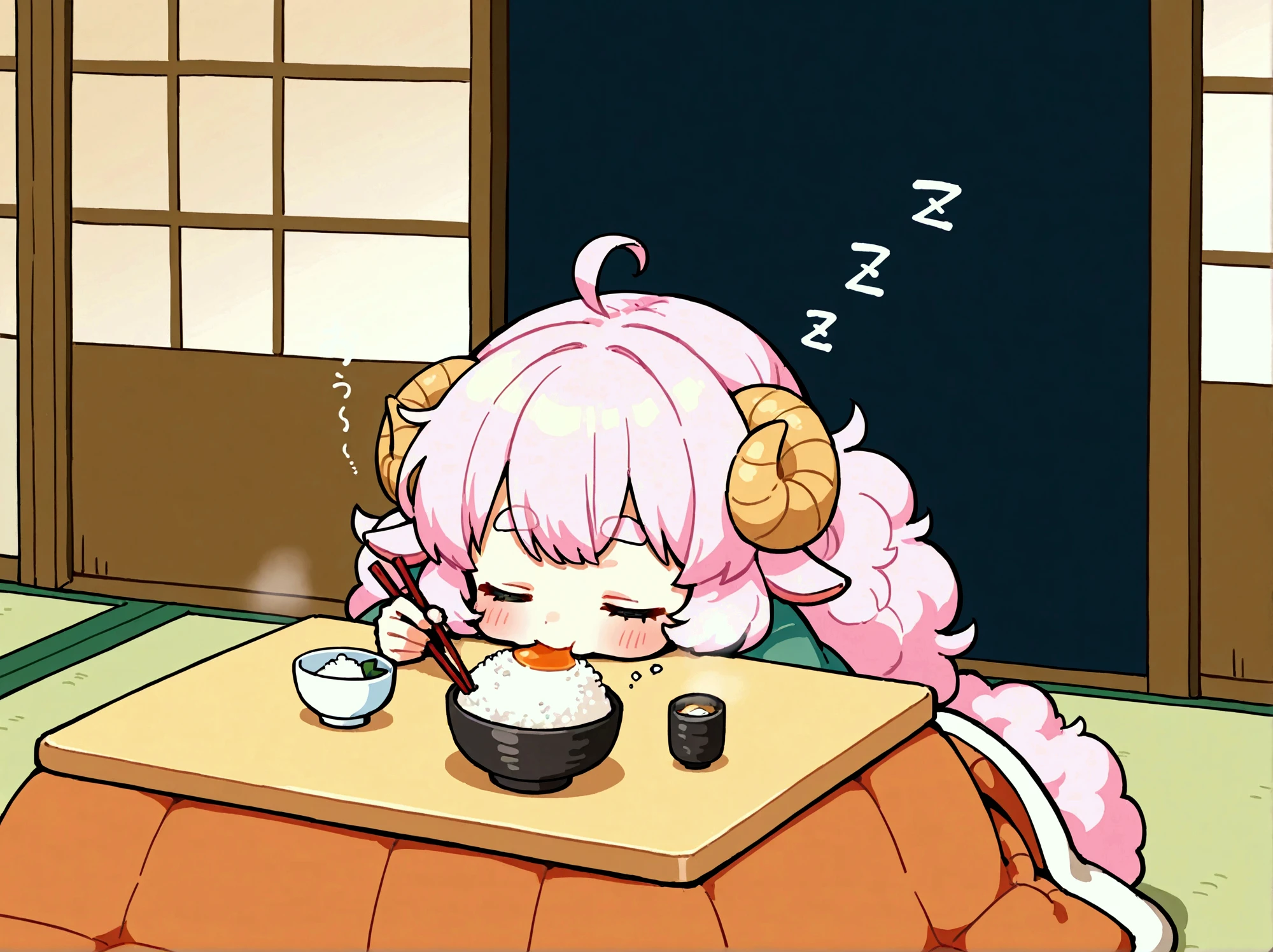 1girl,  pink fluffy hair, round sheep horn , Thick eyebrows, Kotatsu, Eating mochi with chopsticks, white rice cake, Grab the mochi with a chopstick, The rice cake is very stretchy:1.5, Rice cake, Long rice cake:1.5, Cat curled up and sleeping,  tatami room , indoor, Garden view