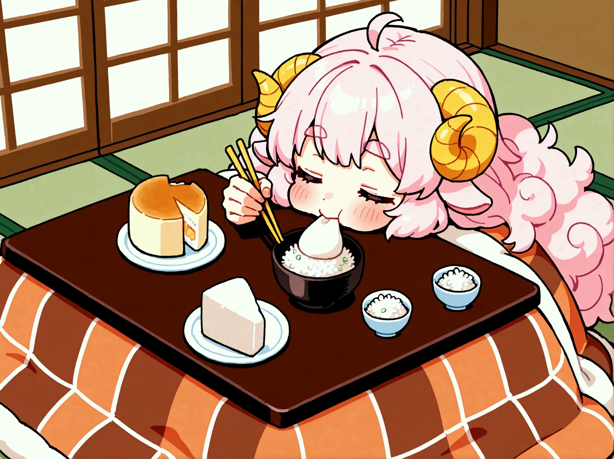 1girl,  pink fluffy hair, round sheep horn , Thick eyebrows, Kotatsu, Eating mochi with chopsticks, white rice cake, Grab the mochi with a chopstick, The rice cake is very stretchy:1.5, Rice cake, Long rice cake:1.5, Cat curled up and sleeping,  tatami room , indoor, Garden view