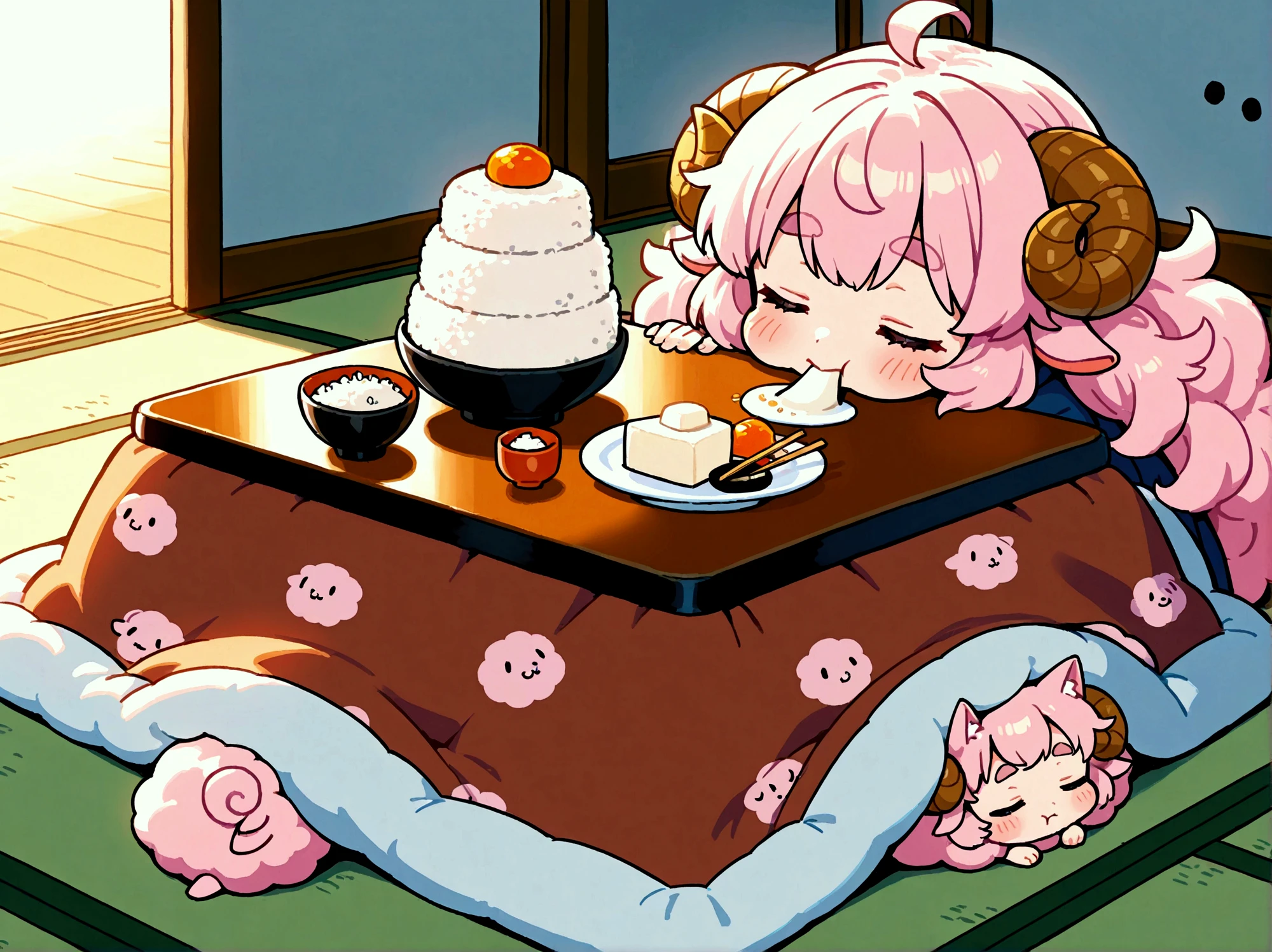 1girl,  pink fluffy hair, round sheep horn , Thick eyebrows, Kotatsu, Eating mochi with chopsticks, white rice cake, Grab the mochi with a chopstick, The rice cake is very stretchy:1.5, Rice cake, Long rice cake:1.5, Cat curled up and sleeping,  tatami room , indoor, Garden view