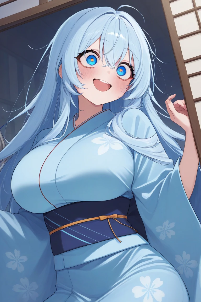 very extremely cute and beautiful  round oval face very extremely large wide upturned very wide pale blue large upturned eyes very beautiful girl long hair wearing silk kimono 