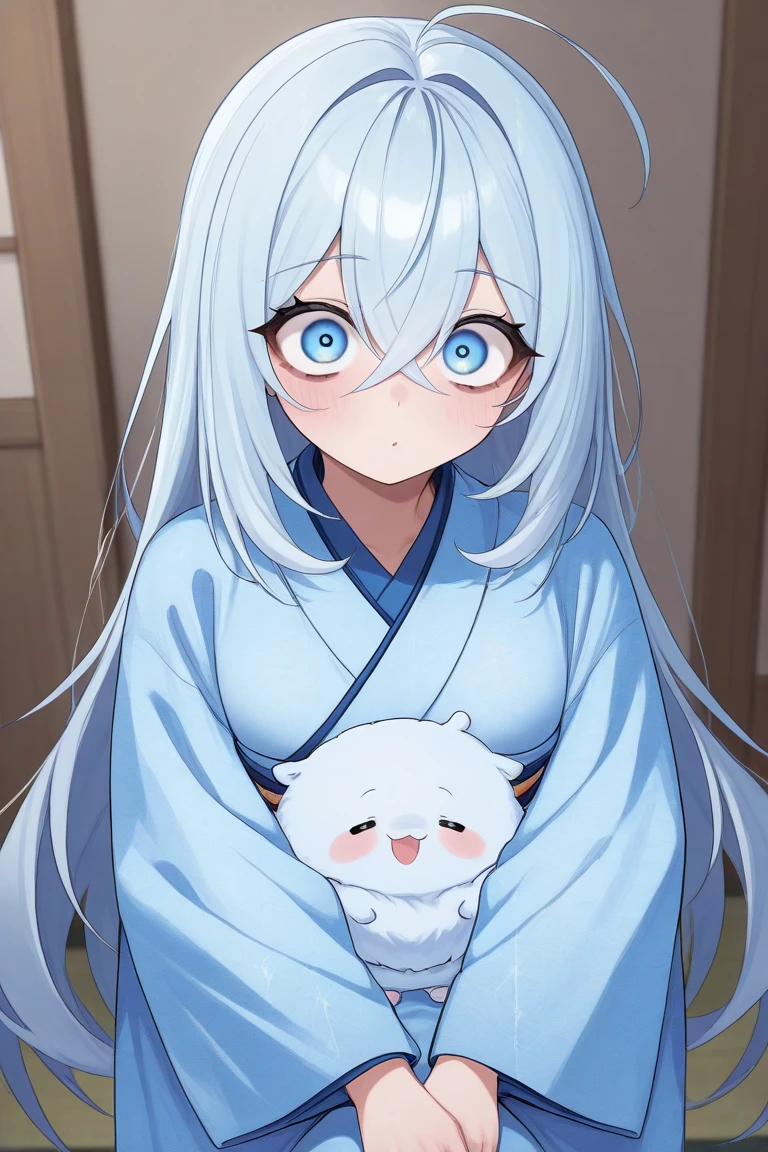 very extremely cute and beautiful baby round oval face very extremely large wide upturned very wide pale blue large upturned eyes very beautiful girl long hair wearing silk kimono 