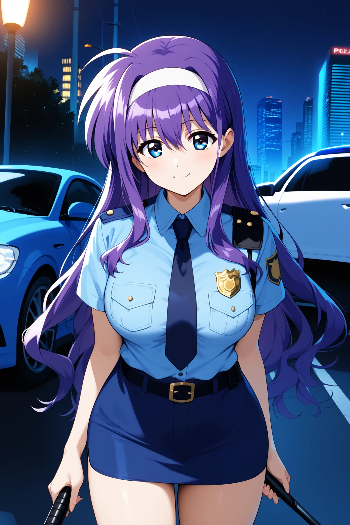 masterpiece,best quality,{{detailed beautiful face and eyes}}, 
Tsukimura Suzuka,long hair,purple hair,white hairband,hair between eyes,hair over shoulder,blue eyes,large breasts,
blue police officer,dark blue miniskirt,
1woman,(is smile:1.0),
 ((standing next to a police car,have a black baton,cowboy shot,looking at viewer:1.2)), 
(city,night:1.0),clothed