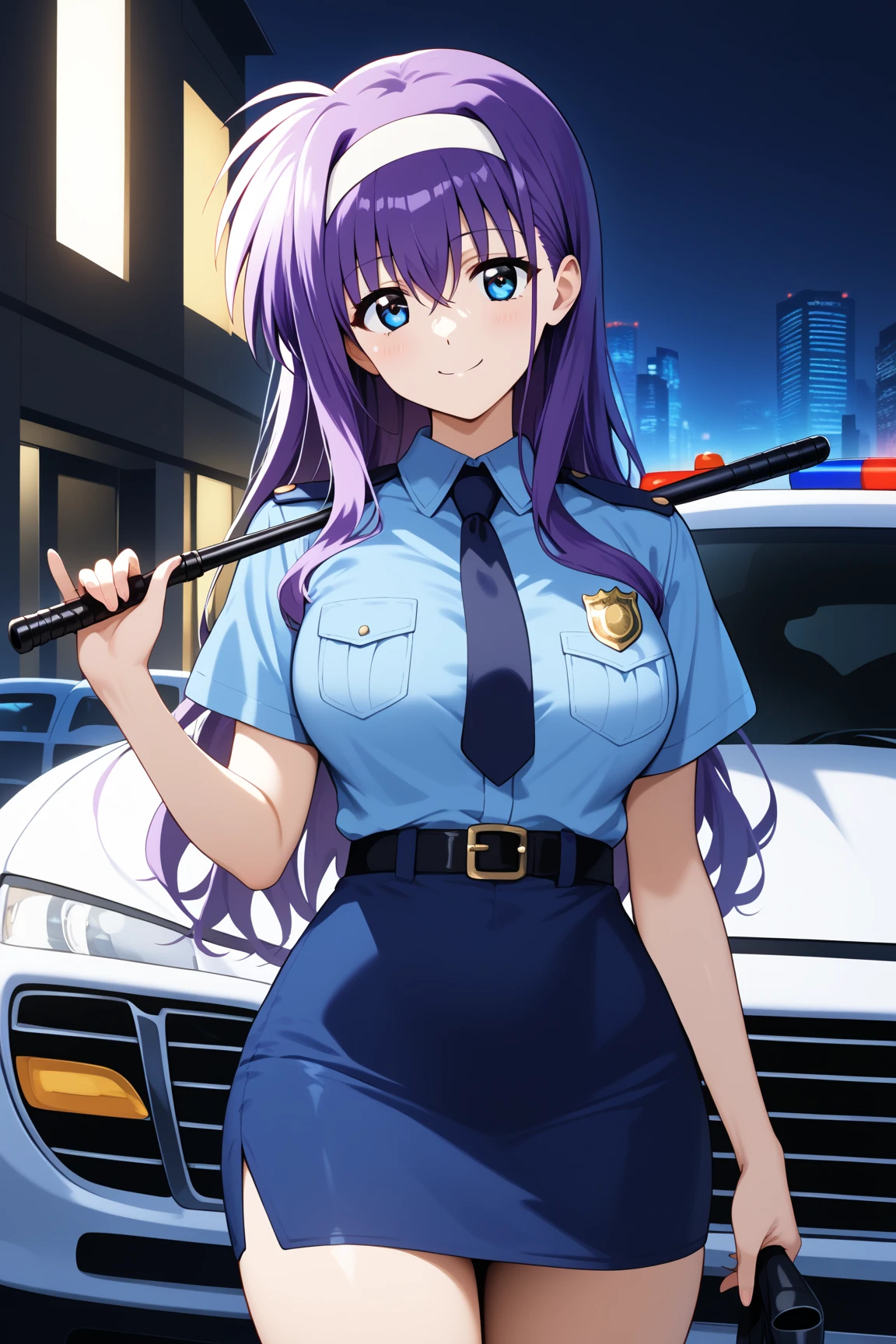 masterpiece,best quality,{{detailed beautiful face and eyes}}, 
Tsukimura Suzuka,long hair,purple hair,white hairband,hair between eyes,hair over shoulder,blue eyes,large breasts,
blue police officer,dark blue miniskirt,
1woman,(is smile:1.0),
 ((standing next to a police car,have a black baton,cowboy shot,looking at viewer:1.2)), 
(city,night:1.0),clothed