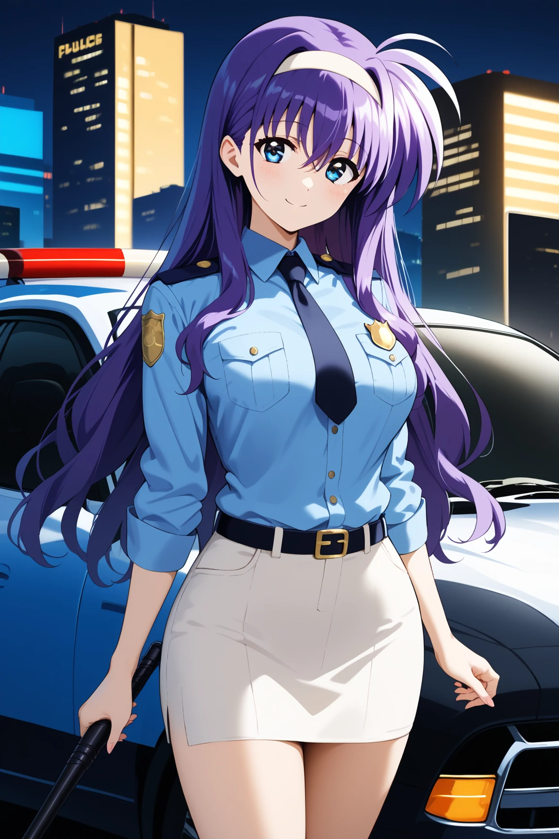 masterpiece,best quality,{{detailed beautiful face and eyes}}, 
Tsukimura Suzuka,long hair,purple hair,white hairband,hair between eyes,hair over shoulder,blue eyes,large breasts,
blue police officer,dark blue miniskirt,
1woman,(is smile:1.0),
 ((standing next to a police car,have a black baton,cowboy shot,looking at viewer:1.2)), 
(city,night:1.0),clothed