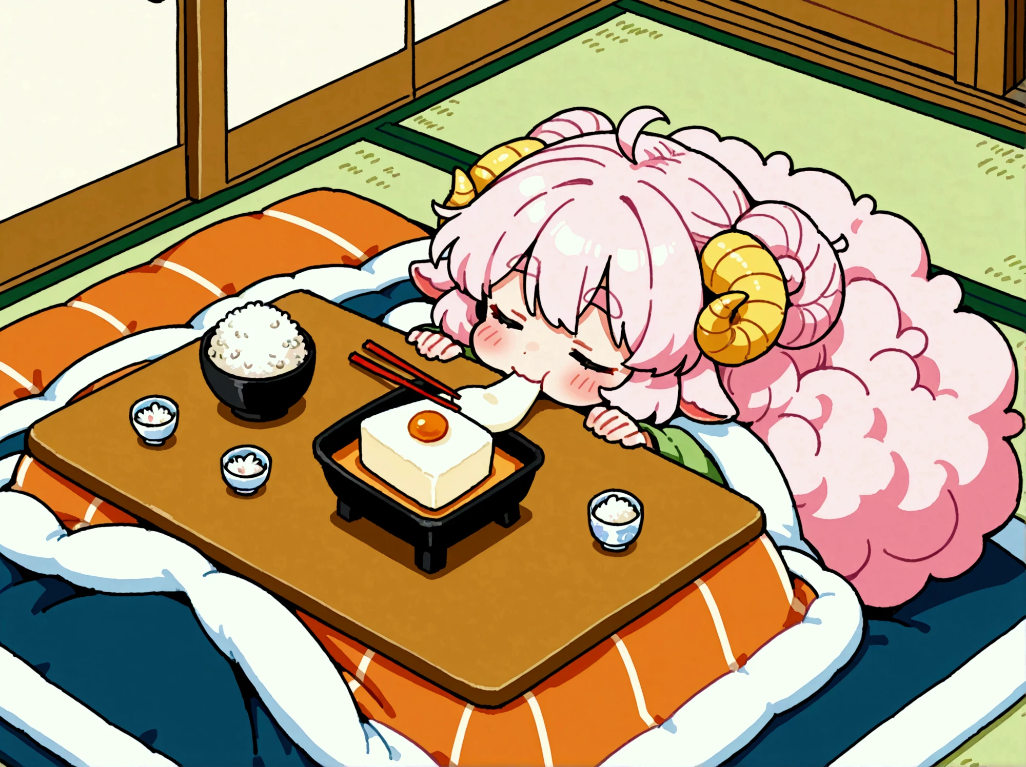 1girl,  pink fluffy hair, round sheep horn , Thick eyebrows, Kotatsu, Eating mochi with chopsticks, white rice cake, Grab the mochi with a chopstick, The rice cake is very stretchy:1.5, Rice cake, Long rice cake:1.5, Cat curled up and sleeping,  tatami room , indoor, Garden view