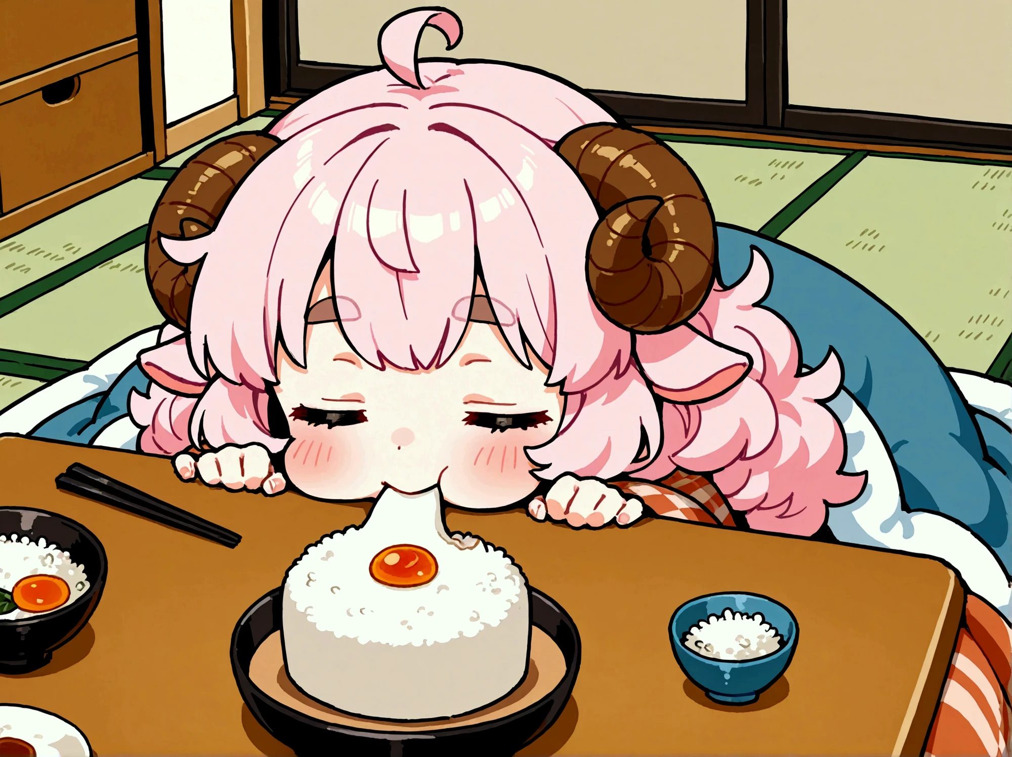 1girl,  pink fluffy hair, round sheep horn , Thick eyebrows, Kotatsu, Eating mochi with chopsticks, white rice cake, Grab the mochi with a chopstick, The rice cake is very stretchy:1.5, Rice cake, Long rice cake:1.5, Cat curled up and sleeping,  tatami room , indoor, Garden view