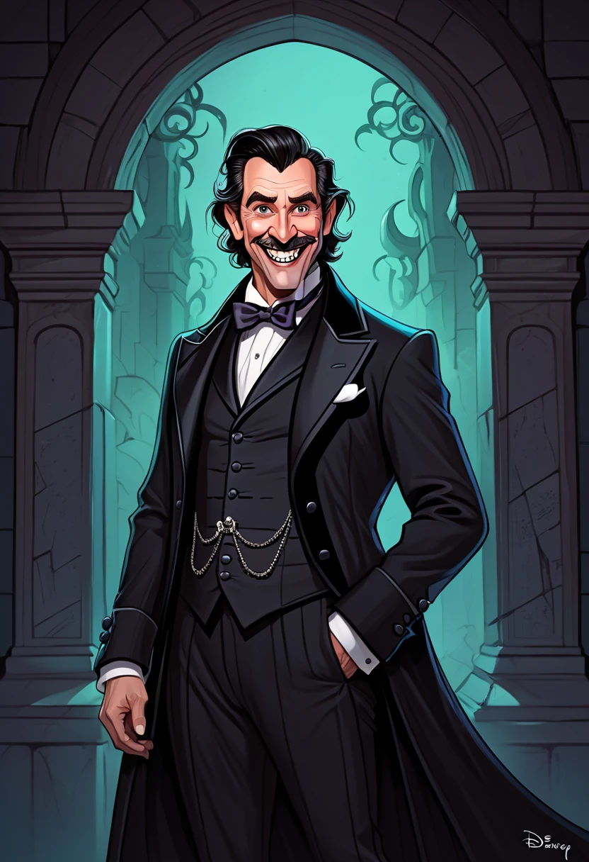 illustrate (((portrait from the waist up))) of @alexmd 48 year old man in a tailcoat, crypt, protruding long fangs , disney style