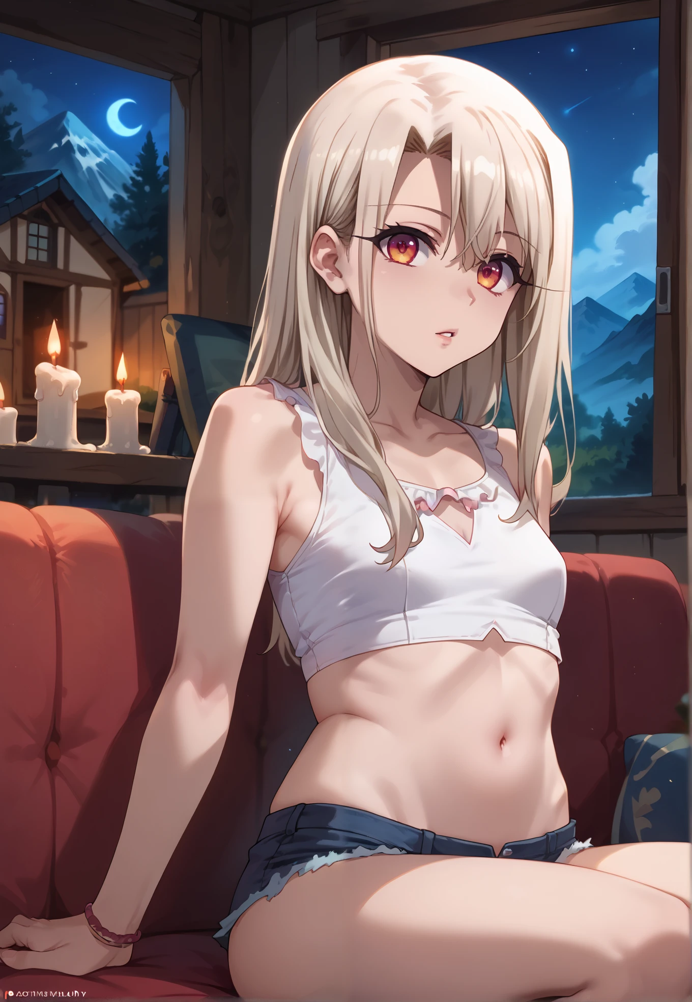 1girl, 4k, Illyasviel von Einzbern, parted lips, vibrant colors, naturally sagging small breasts, white crop top, masterpiece, sitting on a couch in a living, sexy pose, close up, BREAK, night time, mountain cottage, candles in the background,