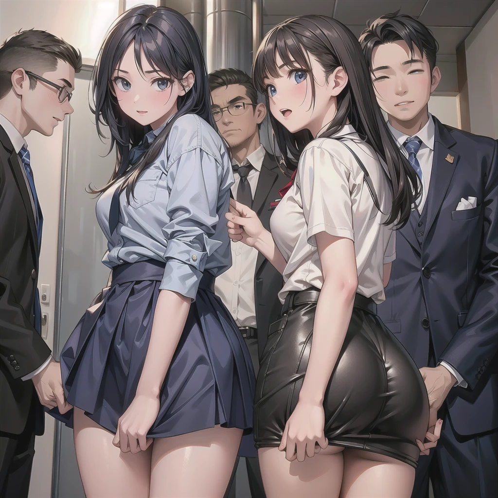 SFW, Realstic, Masterpiece, Detailed scenario of the interior of a VERY congested metro train, VERY crowded inside the metro train Detailed background, debout incroyablement chaud (Femme 1) Utiliser Sexy ((Uniforme scolaire)), (((Skirt raised)), (gros cul), (thick thirst), (Expression de la peur), visage rougi, old little man ass fumbling woman 1 from behind,(((Vieux petit homme pressant sa poitrine sur la femme 1 dos))) et (((holding her waist behind her)))