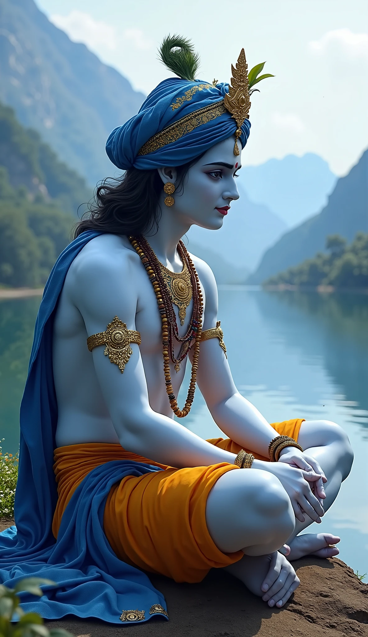 lord krishna wearing glittery royal blue Sarpech turban and white skin sitting near a beautiful lake and mountains