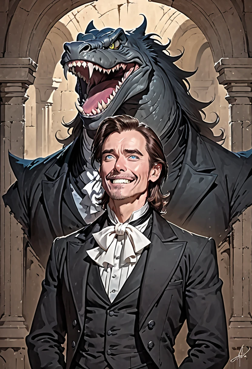 illustrate (((portrait from the waist up))) of @alexmd 48 year old man in a tailcoat, crypt, protruding long fangs , disney style