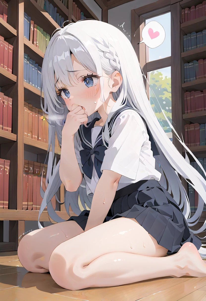 (masterpiece,beautiful,hughres,CG,8k,16k,best quality,high-resolution,detailed eyes:1.5),anime,source anime,illustration,face focus,(from side:1.4),(1girl,Alone:1.5),(school,Library,Bookshelf:1.5),(On the floor:1.4),(Bookshelfに寄りかかる:1.3),Glass window,(There is an open book on the floor:1.3),(head down:1.1),profile,(white hair:1.5),blue eyes,(very long hair,straight hair,bangs:1.4),( thighs:1.4),(school uniform,white shirt,pleated skirt,black skirt:1.3),(white panties:1.4),small breasts,(sitting),(My legs:1.4),(knees to chest:1.1),hand over own mouth, covering own mouth,(female masturbationm,MASTURBATING UNDER PANTIES:1.3),(female orgasm,pussy juice:1.3),(trembling:1.4),(gasping,heavy breathing,blush:1.5),(impatience1.1),flustered,(fidgeting around:1.4),(steam:1.2),(sweat skin,sweat:1.4),(streaming tears:1.3),(drooling:1.1),(looking away:0.5),(looking down:1.4),(spoken heart:1.3),(narrow one's eyes:1.6)