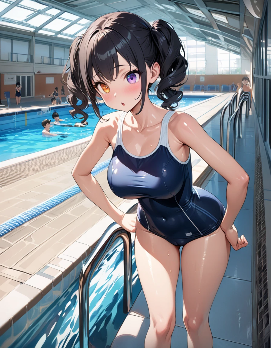 (Masterpiece)), 8k wallpaper,solo, Watanabe you, Standing, arms behind back,in bus station, wearing only a basic swimsuit and pumps, The shoulder area of the swimsuit is a tank top type without decoration, The waist of the swimsuit is a high-cut leotard type The surface of the swimsuit is slippery.