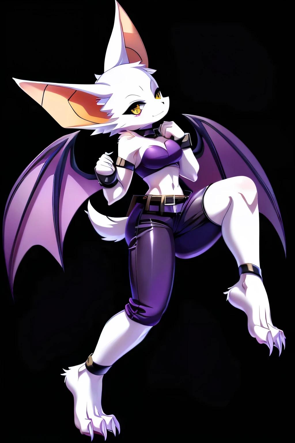 anime, anime style, Anthro bat character, sleek figure, tall figure, slender figure, ((purple skin)), purple hands, clawed hands, dragon hands, ((clawed feet)), ((Dragon Feet)), ((Scaled feet)), ((Three toes)), ((Three claws on feet)), large bat wings, pointed bat ears , Purple bat ears, ((ears swept back)), wearing black pants, wearing multiple belts, belts on wrists, belts on ankles, stylish outfit, black and purple clothes, ((plush white fur on shoulders:1.3)), ((white face)), neutral expression, vivid yellow eyes, solid black background, highly detailed anime style, clean lines, monster girl, beautiful demoness, female demon, gorgeous demon girl, ((hourglass figure)), exposed belly