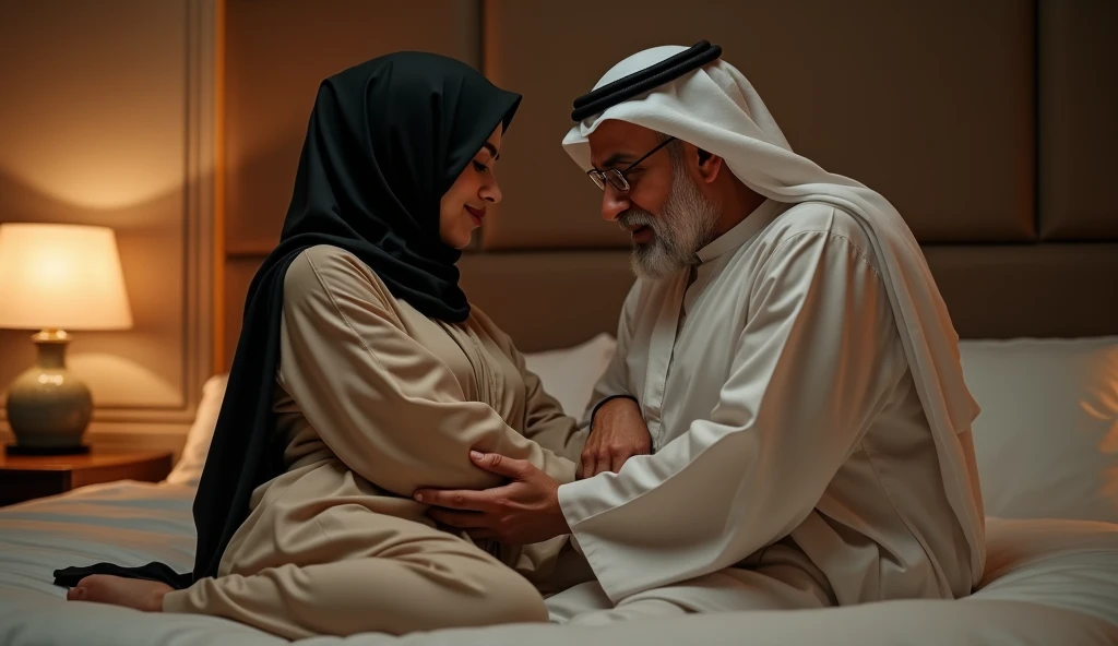 Photo of Voluptuous Indian Girl in Hijab, Large Size Breasts, Sitting on Bed and Kissing a Old Man, Dim light in the room.
