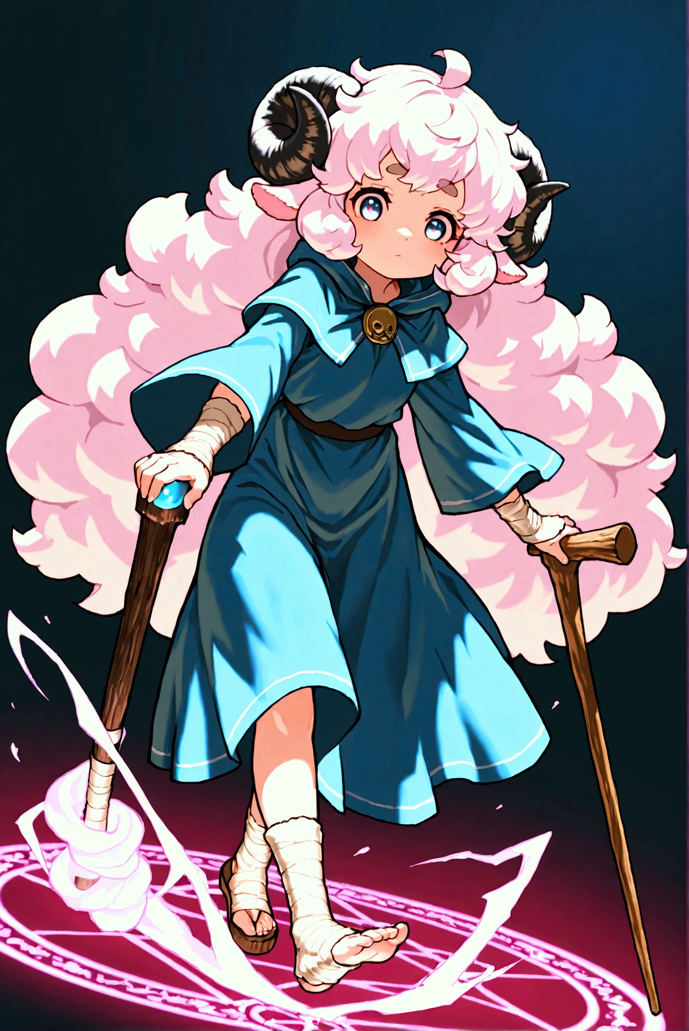 very awa:1.3, masterpiece:1.4, 1girl,  pink fluffy hair, round sheep horn , Thick eyebrows,  wizardの帽子,  wizardのローブ,  wizard, Wooden walking stick, Wind Magic, Hold up the cane , Cast spells , The wind blows,  spawn a magic circle at your feet