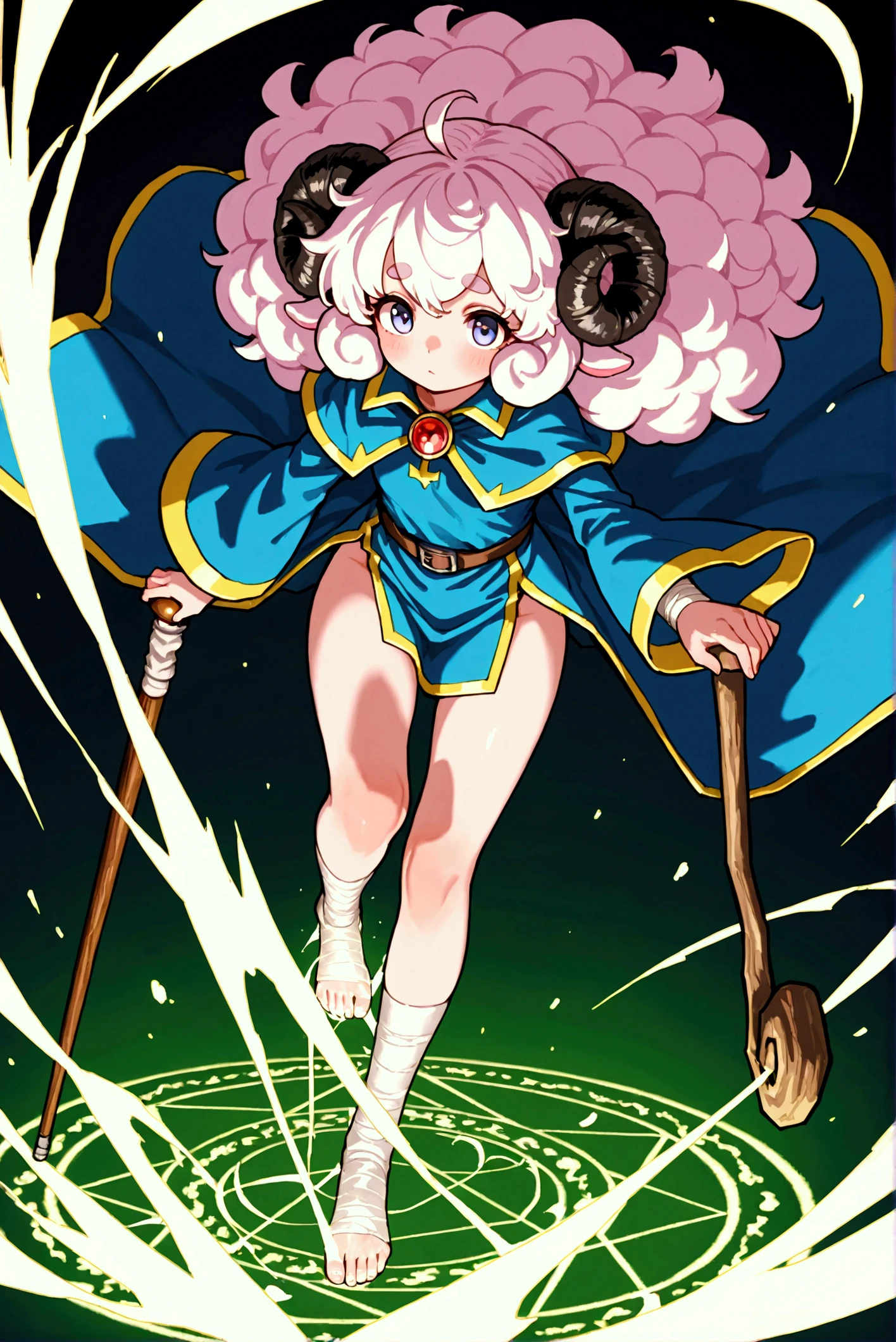 very awa:1.3, masterpiece:1.4, 1girl,  pink fluffy hair, round sheep horn , Thick eyebrows,  wizardの帽子,  wizardのローブ,  wizard, Wooden walking stick, Wind Magic, Hold up the cane , Cast spells , The wind blows,  spawn a magic circle at your feet