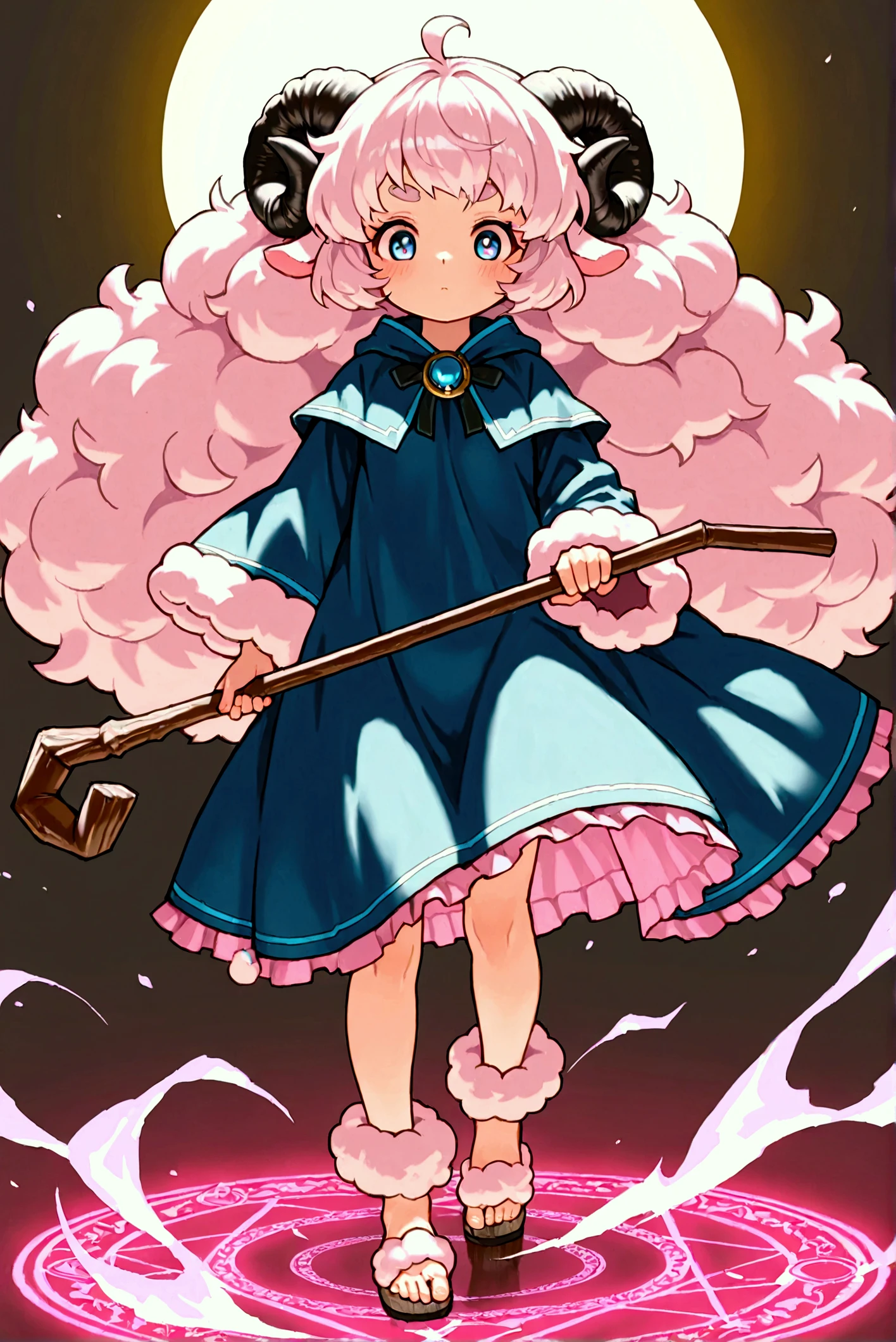 very awa:1.3, masterpiece:1.4, 1girl,  pink fluffy hair, round sheep horn , Thick eyebrows,  wizardの帽子,  wizardのローブ,  wizard, Wooden walking stick, Wind Magic, Hold up the cane , Cast spells , The wind blows,  spawn a magic circle at your feet