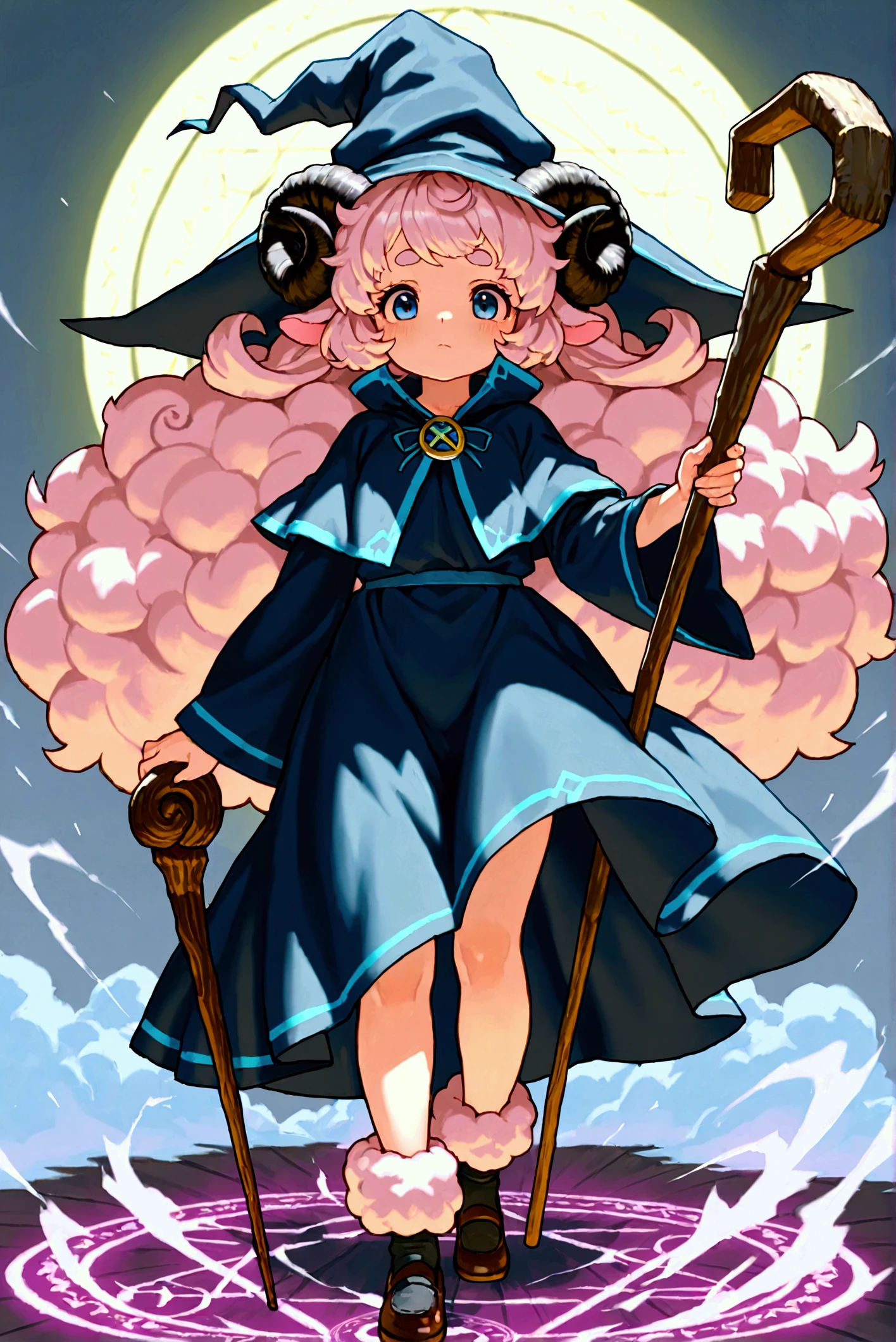 very awa:1.3, masterpiece:1.4, 1girl,  pink fluffy hair, round sheep horn , Thick eyebrows,  wizardの帽子,  wizardのローブ,  wizard, Wooden walking stick, Wind Magic, Hold up the cane , Cast spells , The wind blows,  spawn a magic circle at your feet