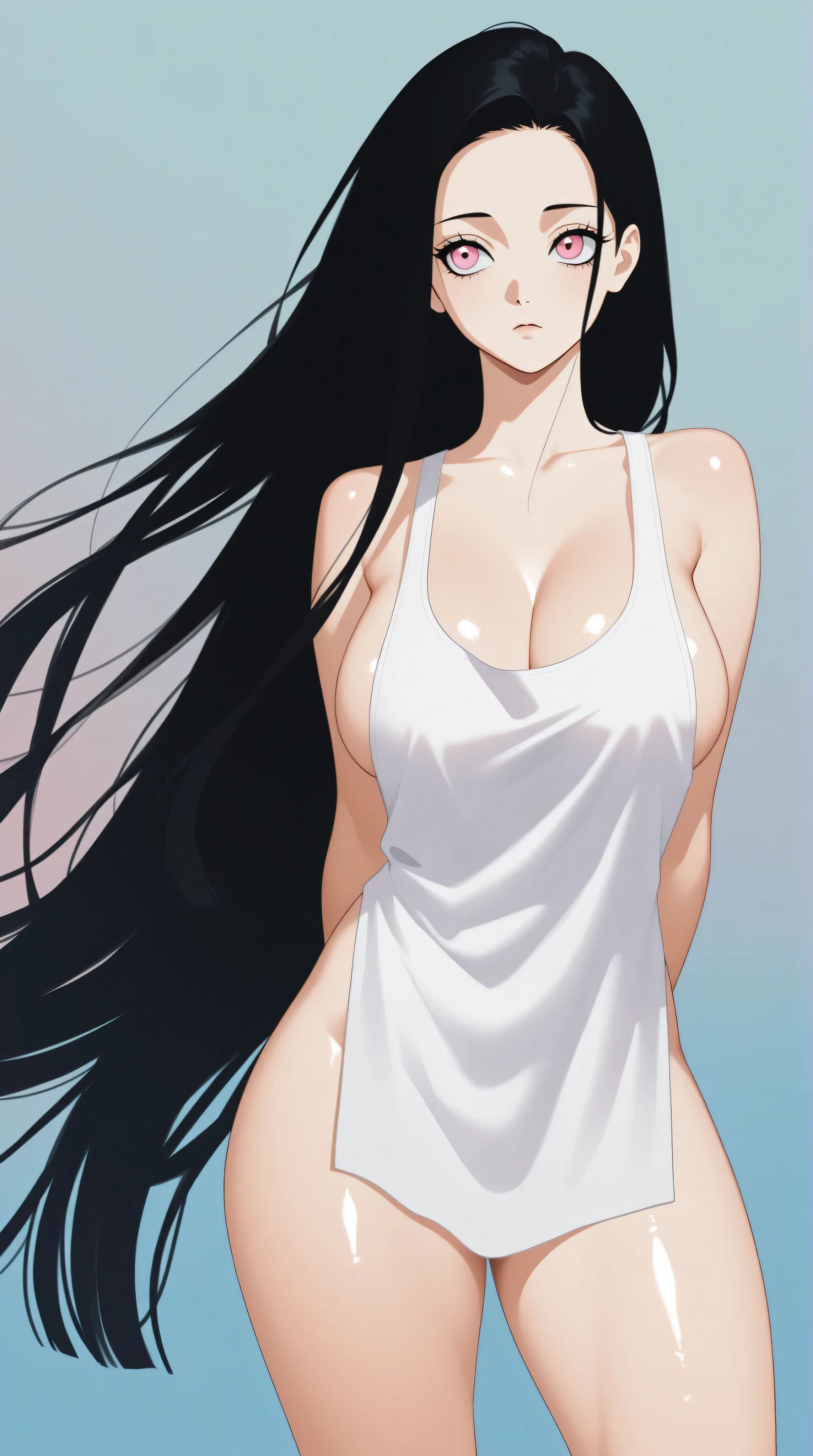 A beautiful waifu named Nezuko Komado with pink eyes, long flowing black hair, large breasts, and thick thighs, standing in a relaxed contrapposto pose with her hands behind her back, she’s facing viewer straight, having a dramatic, neutral expression on her young face, her tank top revealing pronounced cleavage and sideboob, her long hair fluttering in the wind, with a pale color gradation, blending retro elements, contemporary digital art, and surrealism, with intricate details, shiny skin, 