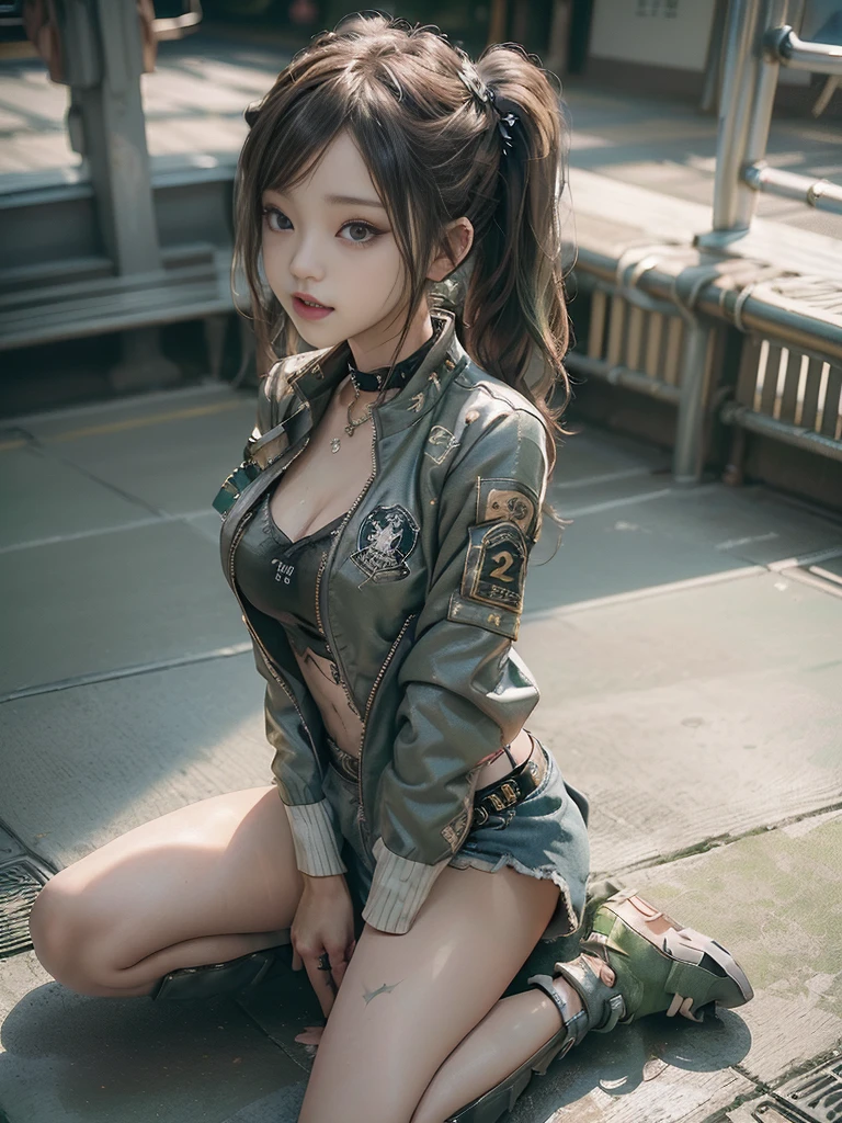 ((highest quality)), ((masterpiece)), ((perfect face))、(detailed motorcycle)、Realistic photos down to the last detail、((Woman straddling a motorcycle))、slender body、Green riding jacket and long leather pants、smile、short hair