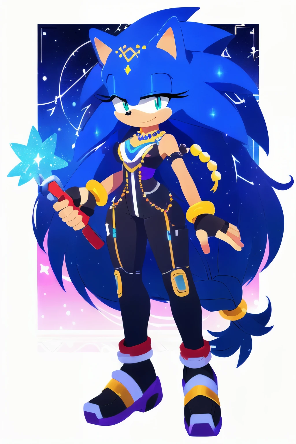 Sonic oc, Mobian, female, sonic the hedgehog but female, Cosmic hedgehog, A beautiful light blue hedgehog, purplish blue eyes, very long hair/quills, braided and beaded long hair bangs, long streaks of hair on each side of her face, (star constellation on hair, beads on hair, smooth fur, slim thick hourglass body, slim fit, wearing a mechanic outfit, fingerless gloves, beaded hair and rings on hair flowing hair, holding a spanner, Sonic skyline art