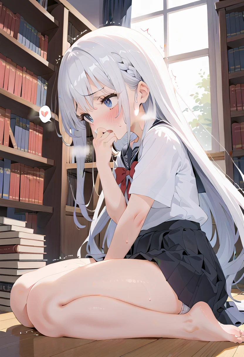 (masterpiece,beautiful,hughres,CG,8k,16k,best quality,high-resolution,detailed eyes:1.5),anime,source anime,illustration,face focus,(from side:1.4),(1girl,Alone:1.5),(evening,Darkness,Bookshelfの影,school,Library,Bookshelf:1.5),(On the floor:1.4),(Bookshelfに寄りかかる:1.3),Glass window,(Open book:1.4),(head down:1.1),profile,(white hair:1.5),blue eyes,(very long hair,straight hair,bangs:1.4),( thighs:1.4),(school uniform,white shirt,pleated skirt,black skirt:1.3),(white panties:1.4),small breasts,(sitting),(My legs:1.4),(knees to chest:1.1),hand over own mouth, covering own mouth,(female masturbationm,MASTURBATING UNDER PANTIES:1.3),(female orgasm,pussy juice:1.3),(trembling:1.4),(gasping,heavy breathing,blush:1.5),(impatience1.1),flustered,(fidgeting around:1.4),(steam:1.2),(sweat skin,sweat:1.4),(streaming tears:1.3),(drooling:1.1),(looking away:0.5),(looking down:1.4),(spoken heart:1.3),(narrow one's eyes:1.6)