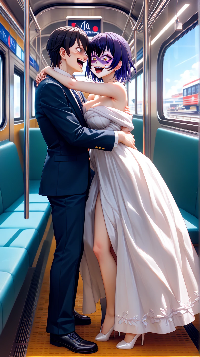 1 Beautiful woman, similar to Galilea Montijo, large eyelashes, full and shiny lips, drooling, sleeping with her mouth open, snoring, sleeping sitting on the train, head resting on the seat, dressed as a bride, eyes outlined, eyes closed; heels