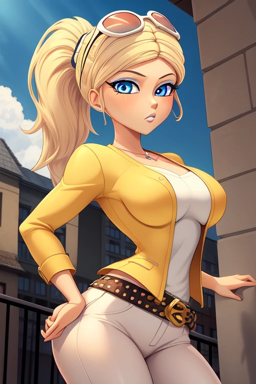 (masterpiece:1.2), (best quality:1.2), (best quality:1.3), (4K quality), (Detailed face:1.2), (Detailed eyes:1.2), (Perfect figure:1.2), CARTOON, ANIME, CARTOON ARTSTYLE, 1girl, solo, Chloé Bourgeois has a nice hourglass figure. (medium breast:0.5), (average breast). She has brilliant cobalt blue eyes, pale pink lips, and light honey-blonde hair. Her hair is parted in the middle while pulled back into a high ponytail held by a white hair tie. She's dressed in a yellow jacket, white shirt, white pants, black belt, and sunglasses on her head.
