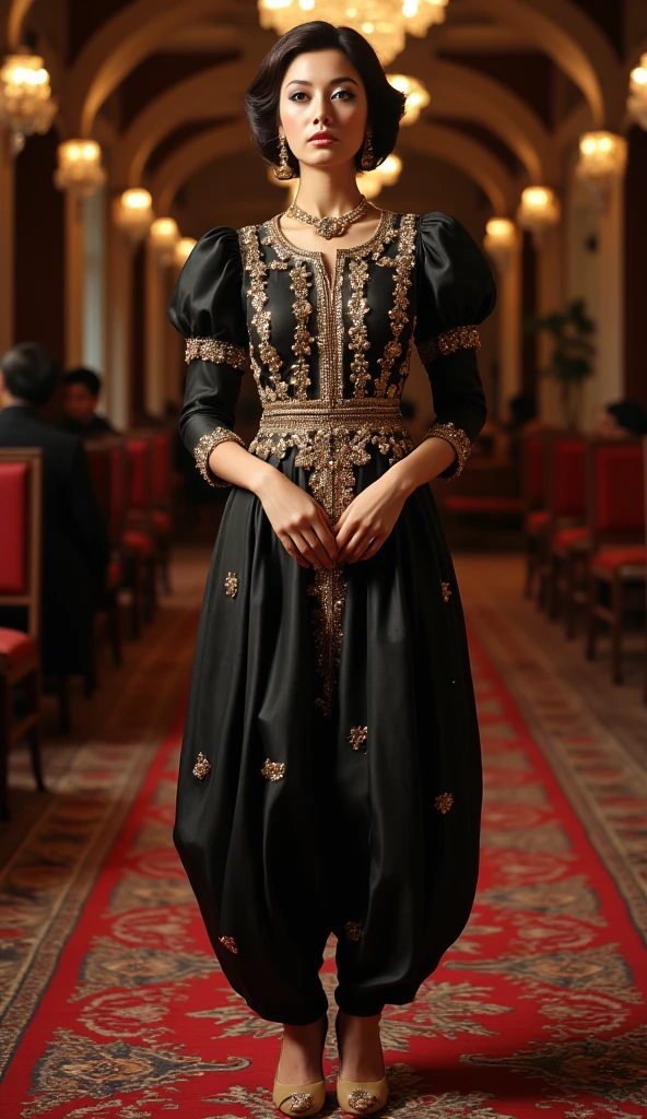 A tall and apple shape body figure korean woman stands straight gracefully at a party, camera-facing with her hands together in front of her. She is wearing a Punjabi-style outfit made of beautiful crafted pure black raw silk kurti with multicolor dabka, stone and pearls fabric. The round-neck kurti has exaggerated puffy shoulders, adding dramatic flair, and foam fitting 3/4 sleeves for an elegant touch. Paired with a raw silk fabric dhoti-style shalwar, the look is completed with high heels that accentuate her poised stance, exuding sophistication and allure.