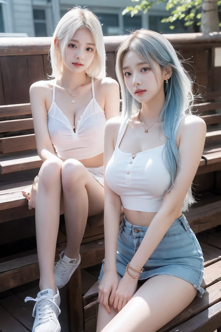 1girl in、((full body Esbian、big breasts thin waist、waistline、girl with、white hair、length hair、Black eyes))、(front-facing view、from the front side)、looking at the viewers、top-quality、masterpiece、超A high resolution、(Photorealsitic:1.4)、8K、clean、(Incredibly ridiculous、ultra-detailliert、nffsw、Unity、8k wallpaper)、(详细的脸:1.4)、(Beautiful details:1.2)、(Details hair)、Facial light、电影灯光、face perfect、s lips、Adults、独奏、((de pele branca、authentic skin、middle_breasts))、sea side、Frolic、Opens mouth and laughs