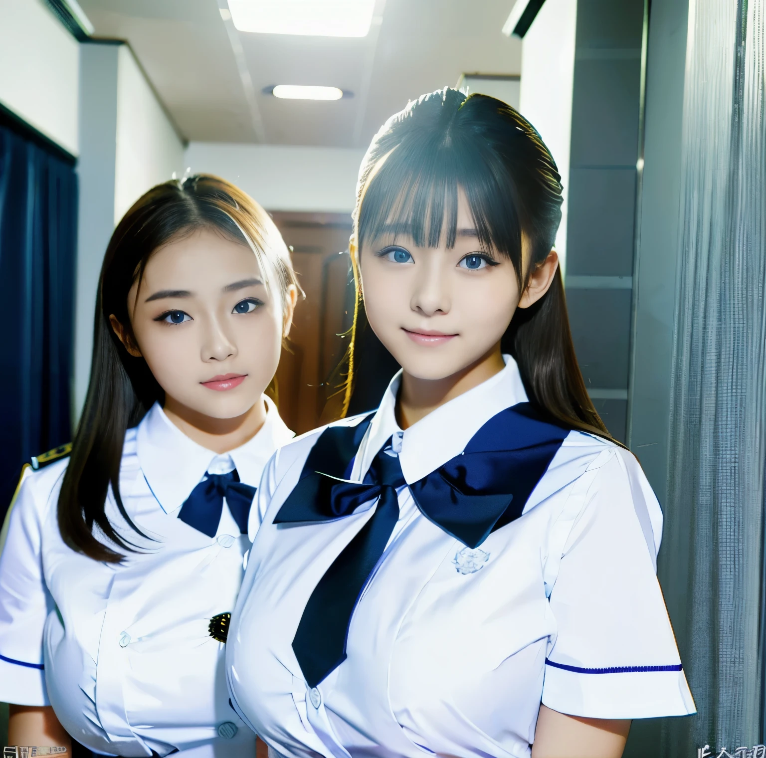 制服を着た二人のアジア人女性が写真のポーズをとっています - SeaArt AI