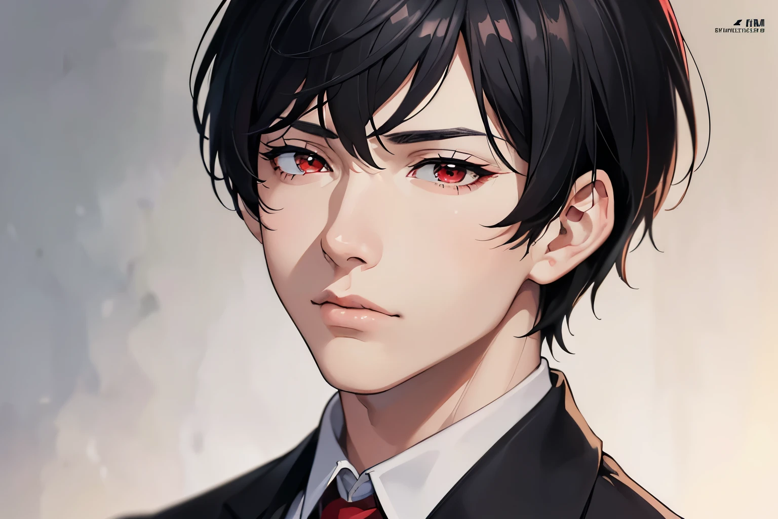 masterpiece, best quality, 1boy, red eyes, black hair, short hair, black suit, mature, suit, sharp eyes, sad, mature, masculine, detailed eyes, realistic face, realistic eyes, upper body, closed up detailed facial features, realistic and high resolution (best quality, 4k, 8k, highres, masterpiece:1.2)