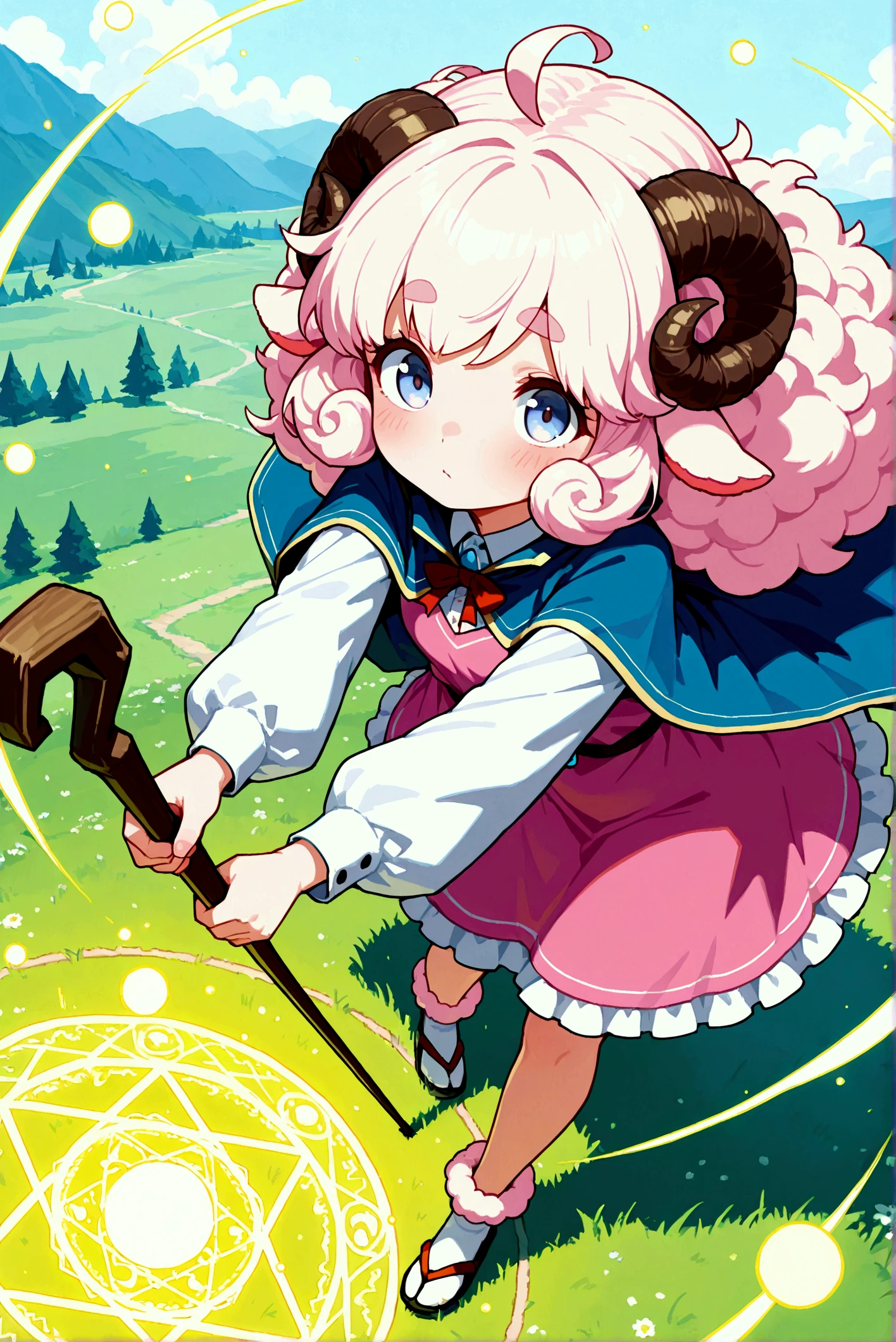 very awa:1.3, masterpiece:1.4, 1girl,  pink fluffy hair, round sheep horn , Thick eyebrows,  wizardの帽子,  wizardのローブ,  wizard, Wooden walking stick, Wind Magic, Hold up the cane , Cast spells , The wind blows,  spawn a magic circle at your feet