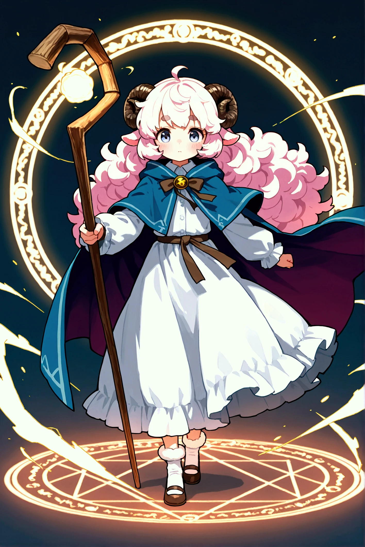 very awa:1.3, masterpiece:1.4, 1girl,  pink fluffy hair, round sheep horn , Thick eyebrows,  wizardの帽子,  wizardのローブ,  wizard, Wooden walking stick, Wind Magic, Hold up the cane , Cast spells , The wind blows,  spawn a magic circle at your feet