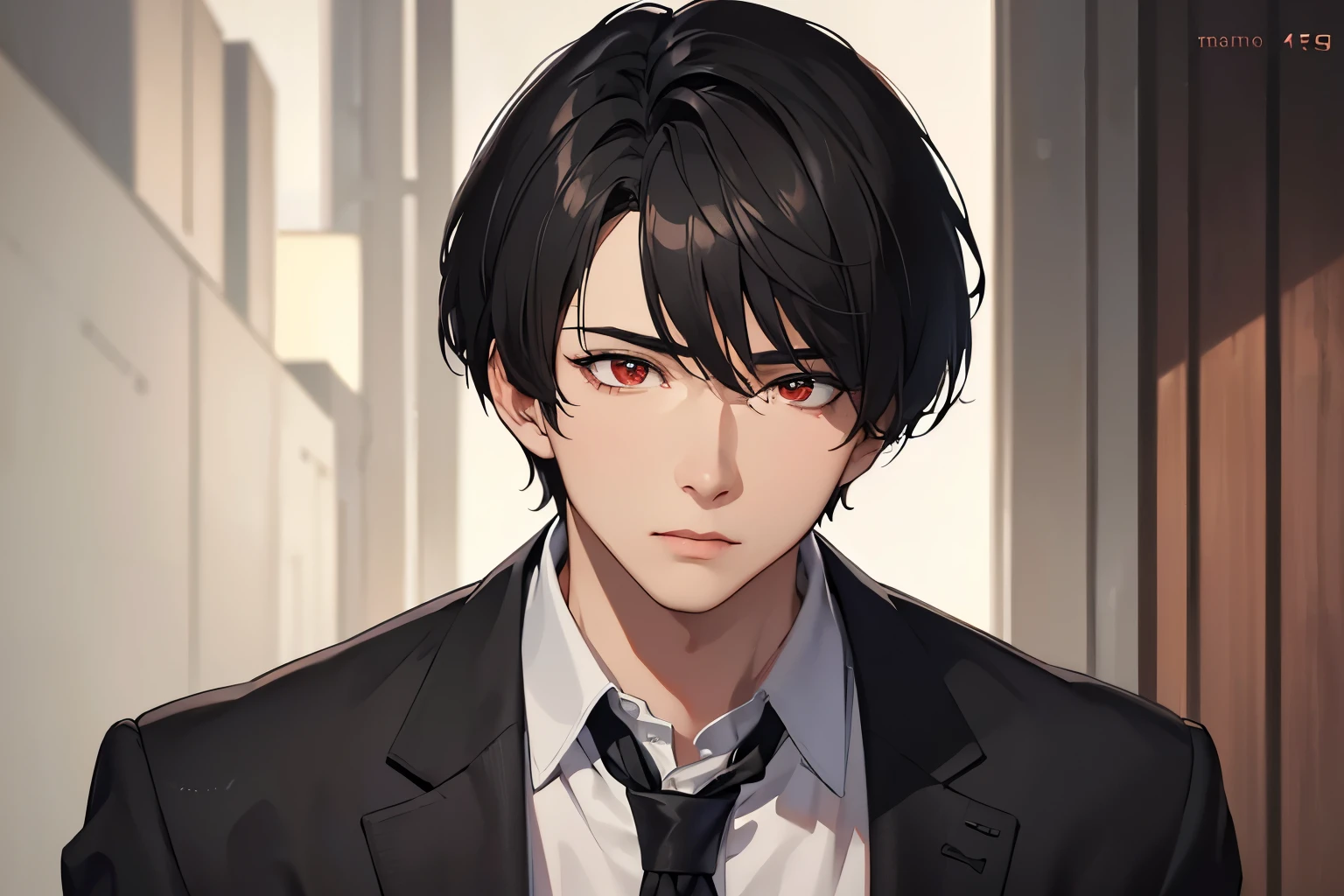 masterpiece, best quality, 1boy, red eyes, black hair, short hair, black suit, mature, suit, sharp eyes, sad, mature, masculine, detailed eyes, realistic face, realistic eyes, upper body, closed up detailed facial features, realistic and high resolution (best quality, 4k, 8k, highres, masterpiece:1.2), covered in blood